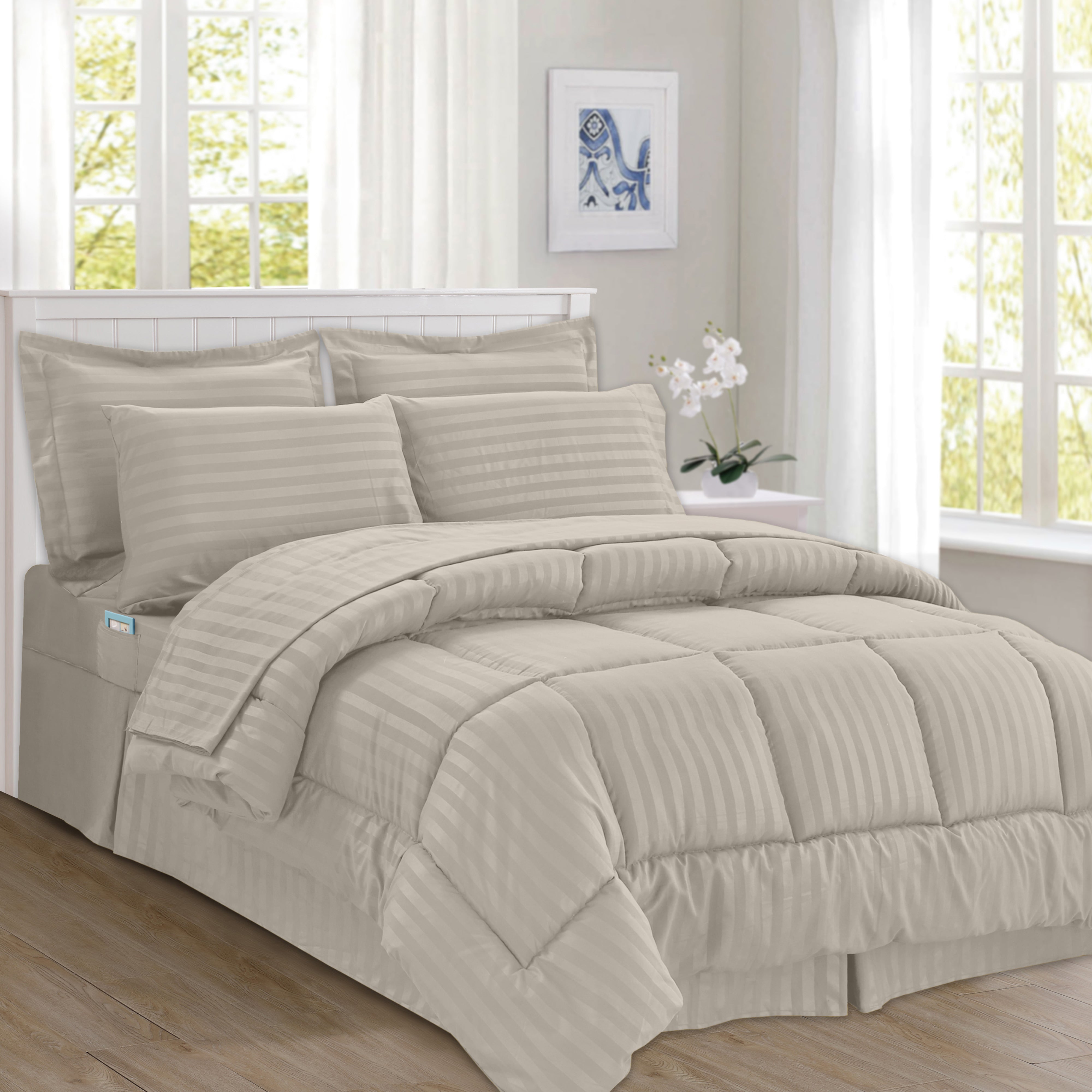 Everlaneas 8-Piece Dobby Stripe Comforter Set - Includes 4-Piece Sheet Set with Double Sided Storage Pockets