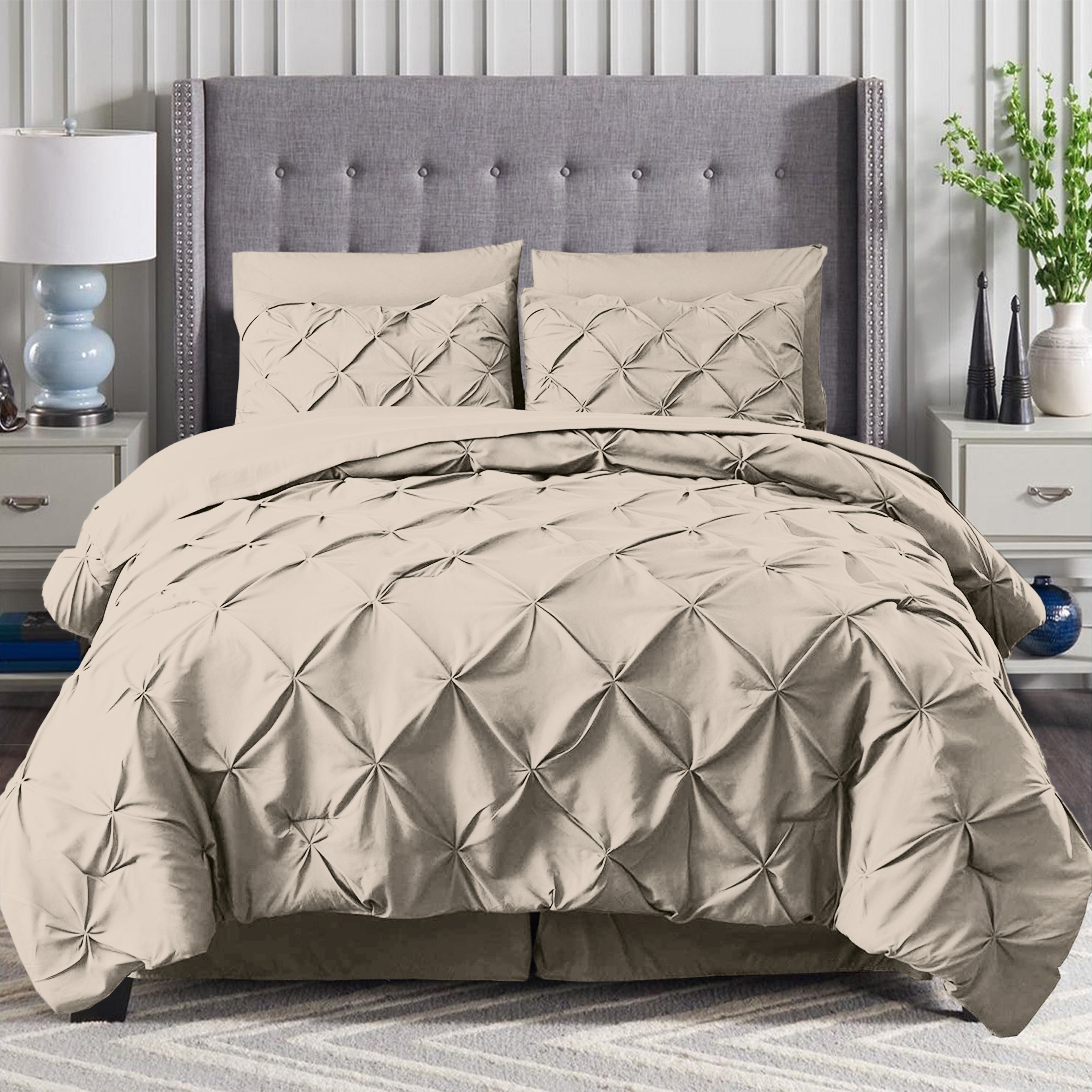 Everlaneas 8-Piece Pintuck Pinch Pleated Comforter Set - Includes 4-Piece Sheet Set with Double Sided Storage Pockets