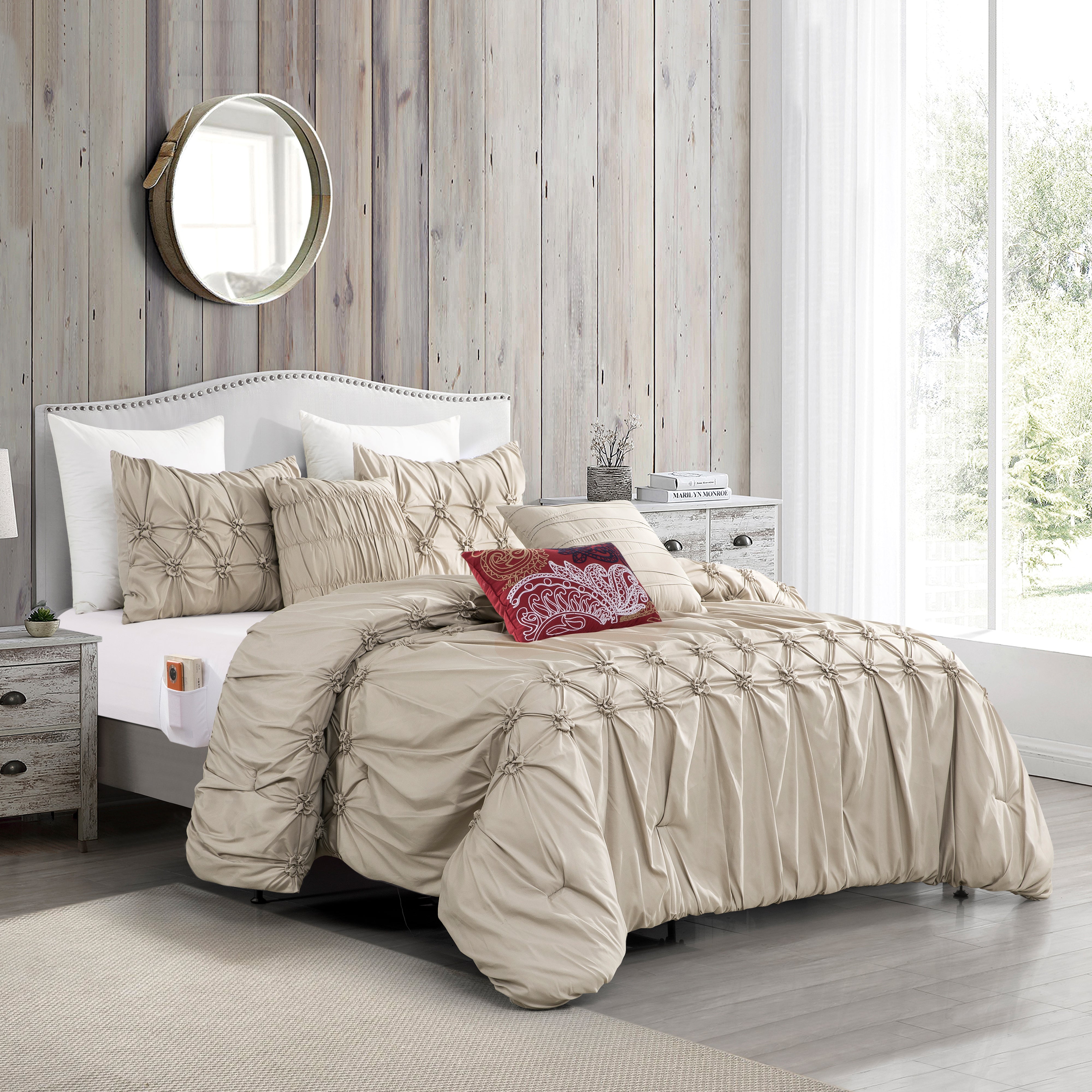 Everlaneas 12-Piece Ella Pleated Ruched Pintuck Comforter Set, Includes 6-Piece Sheet Set with Double Sided Storage Pockets