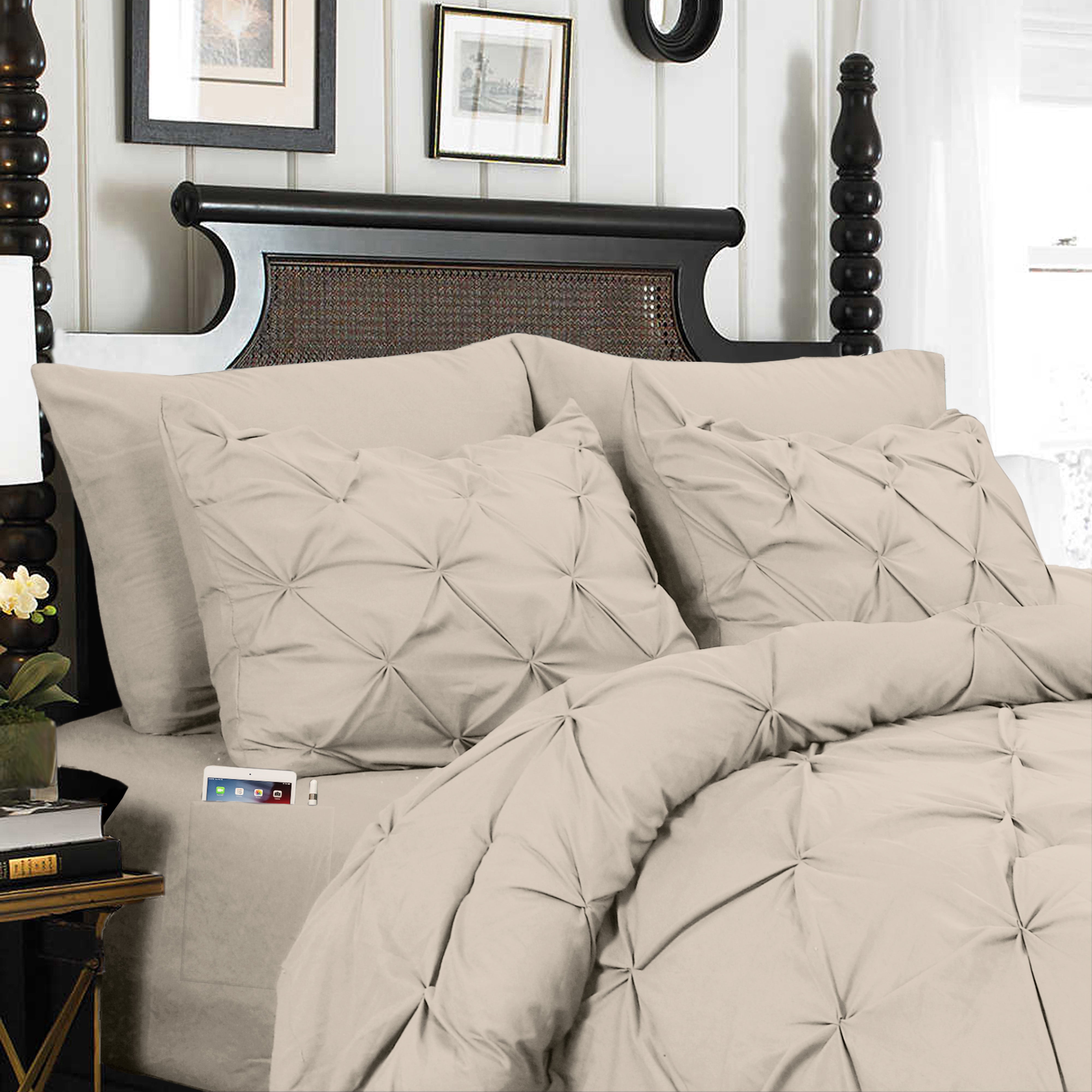 Everlaneas 8-Piece Pintuck Pinch Pleated Comforter Set - Includes 4-Piece Sheet Set with Double Sided Storage Pockets