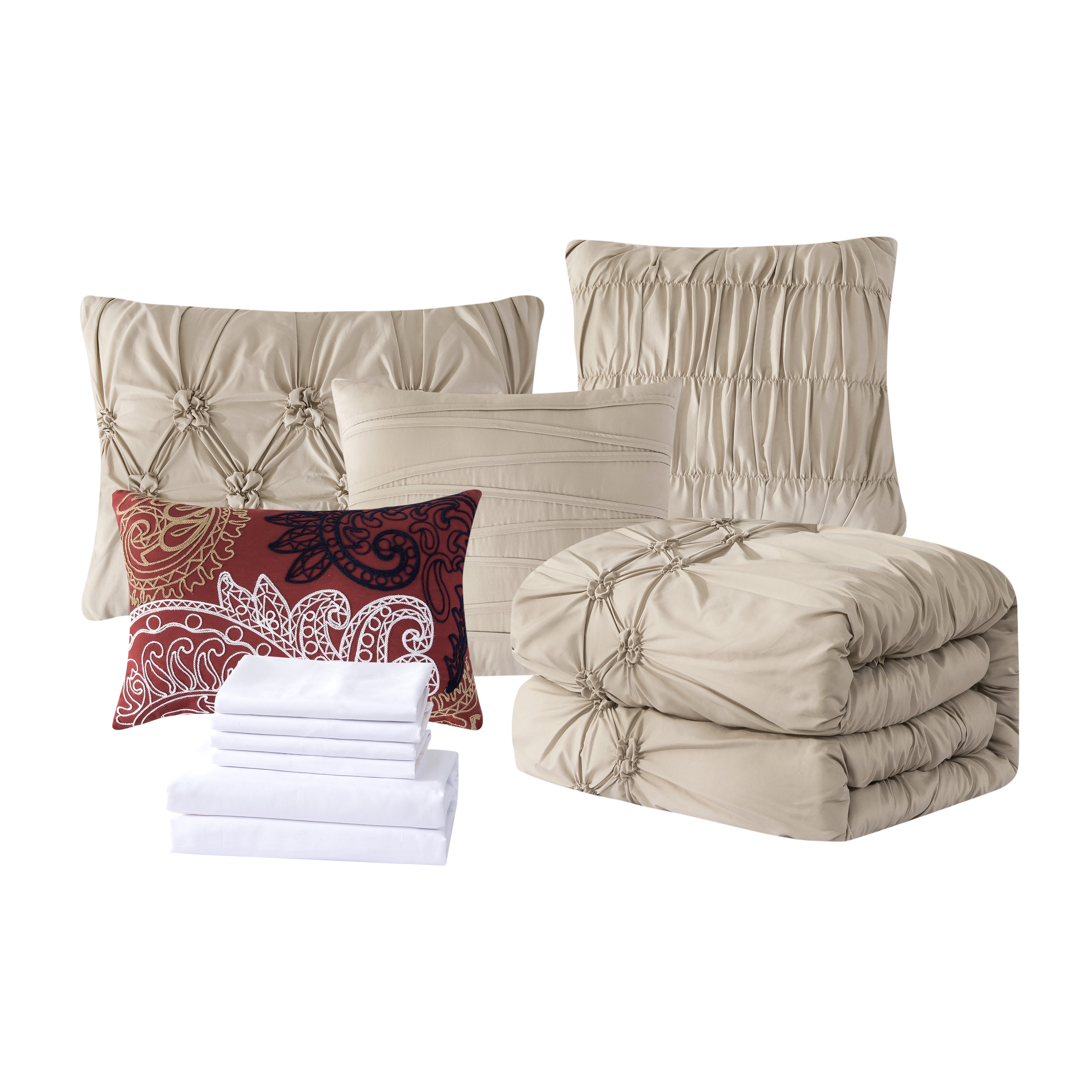 Everlaneas 12-Piece Ella Pleated Ruched Pintuck Comforter Set, Includes 6-Piece Sheet Set with Double Sided Storage Pockets