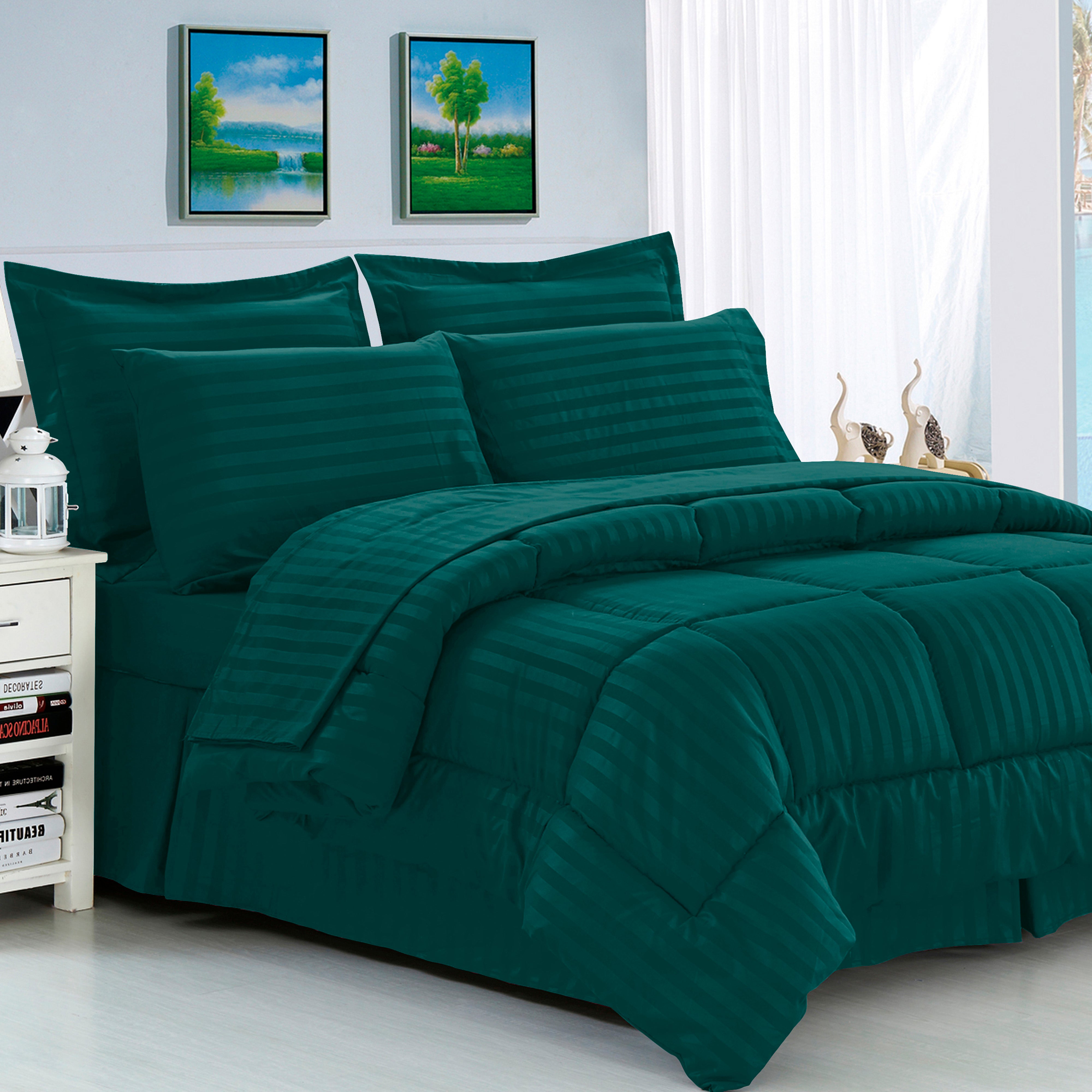 Everlaneas 8-Piece Dobby Stripe Comforter Set - Includes 4-Piece Sheet Set with Double Sided Storage Pockets