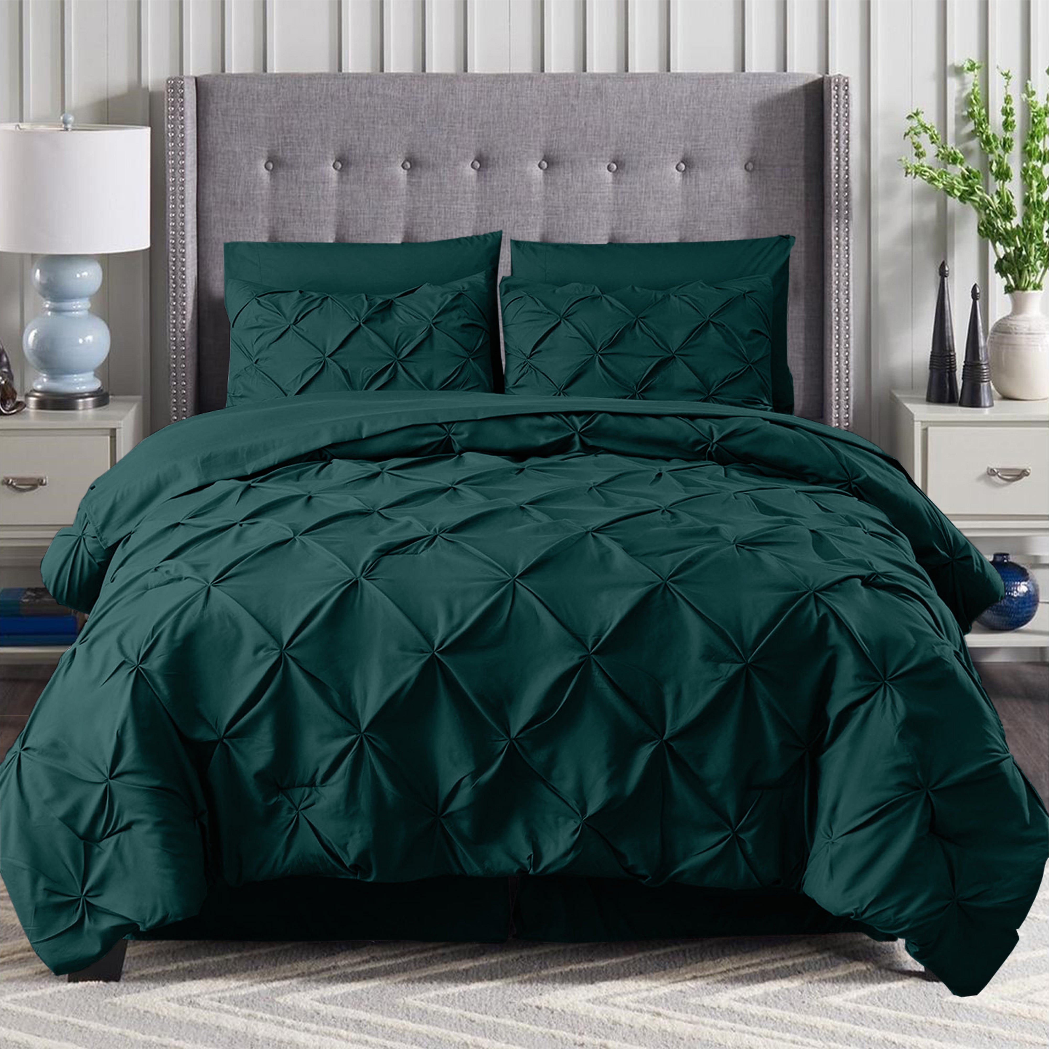Everlaneas 8-Piece Pintuck Pinch Pleated Comforter Set - Includes 4-Piece Sheet Set with Double Sided Storage Pockets