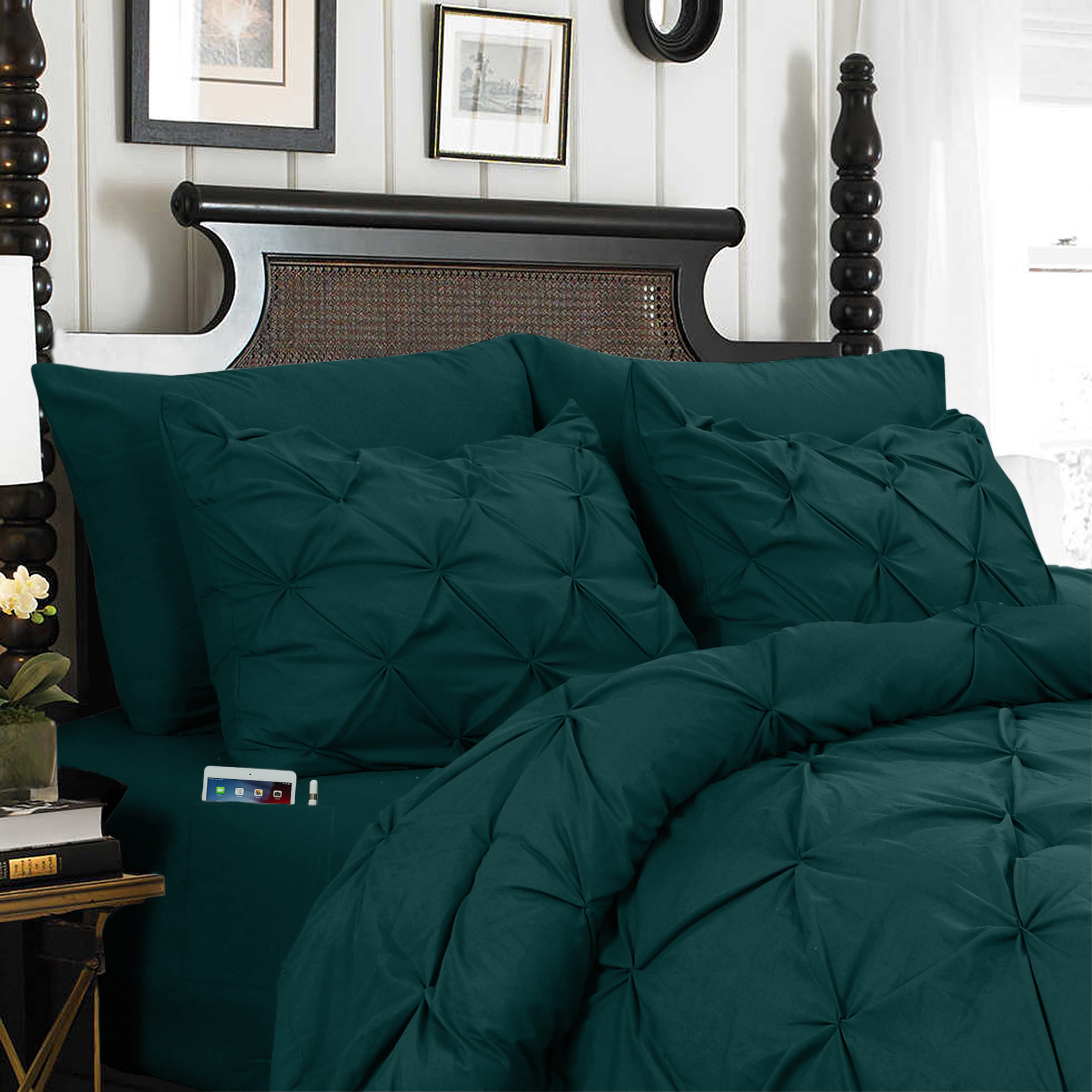 Everlaneas 8-Piece Pintuck Pinch Pleated Comforter Set - Includes 4-Piece Sheet Set with Double Sided Storage Pockets