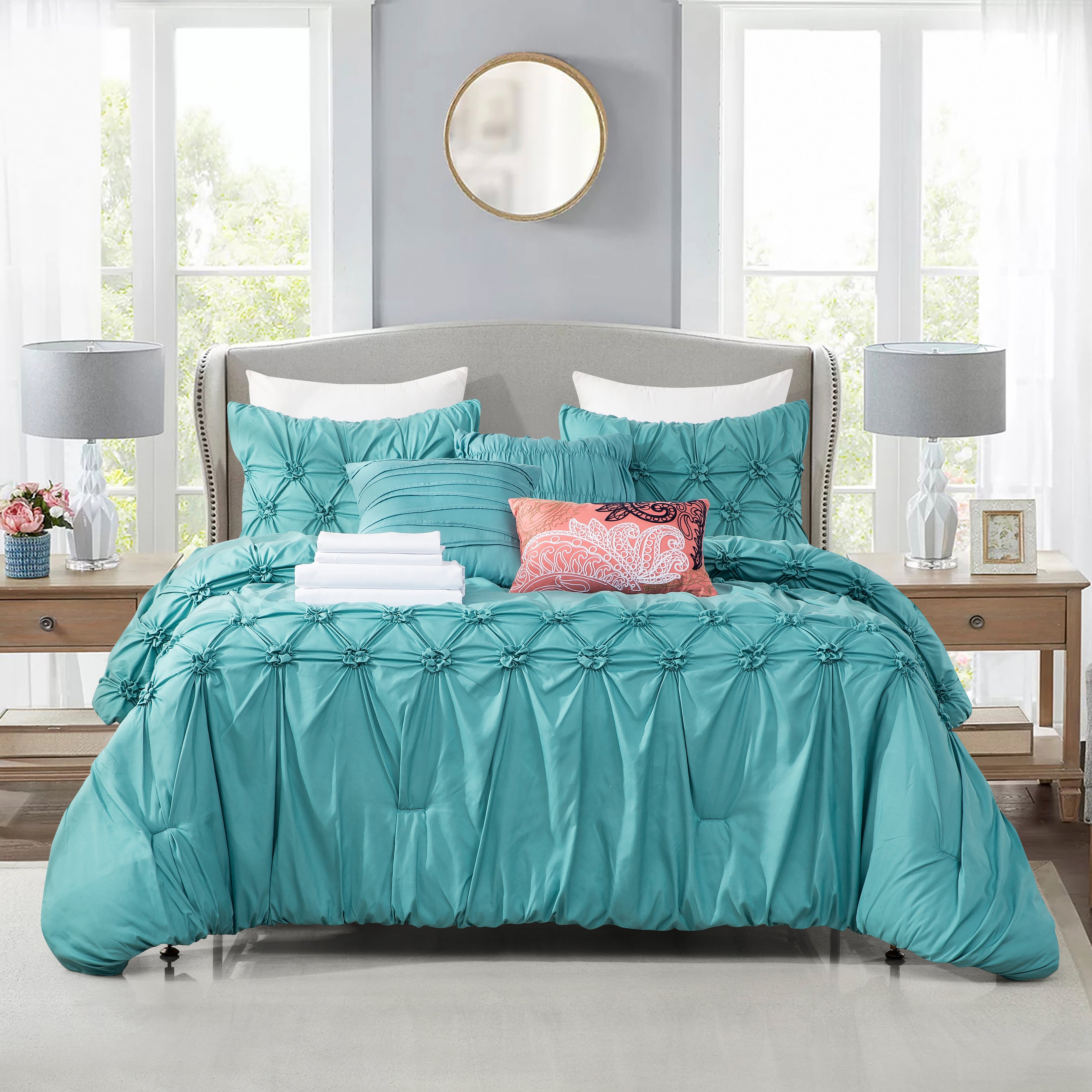 Everlaneas 12-Piece Ella Pleated Ruched Pintuck Comforter Set, Includes 6-Piece Sheet Set with Double Sided Storage Pockets