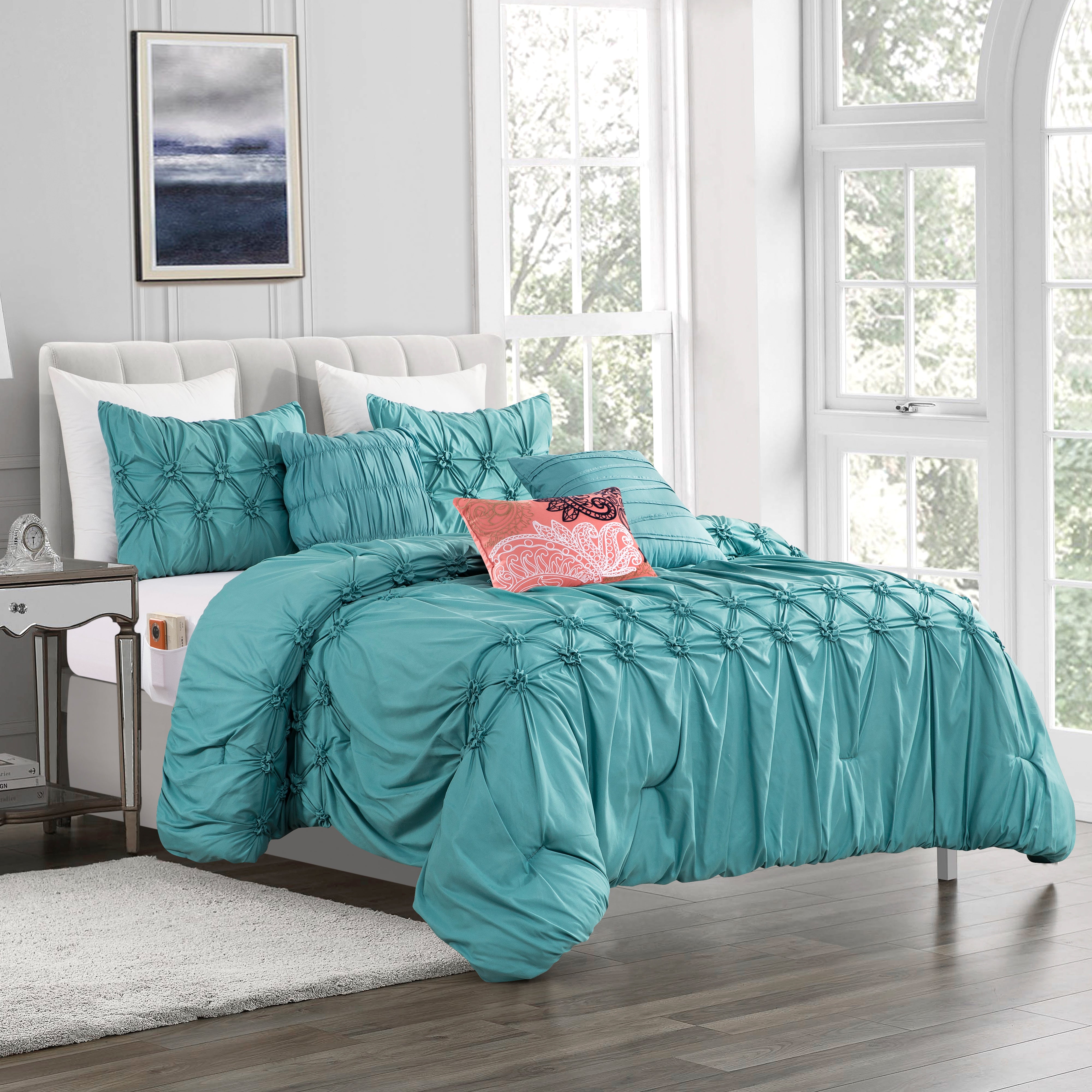 Everlaneas 12-Piece Ella Pleated Ruched Pintuck Comforter Set, Includes 6-Piece Sheet Set with Double Sided Storage Pockets