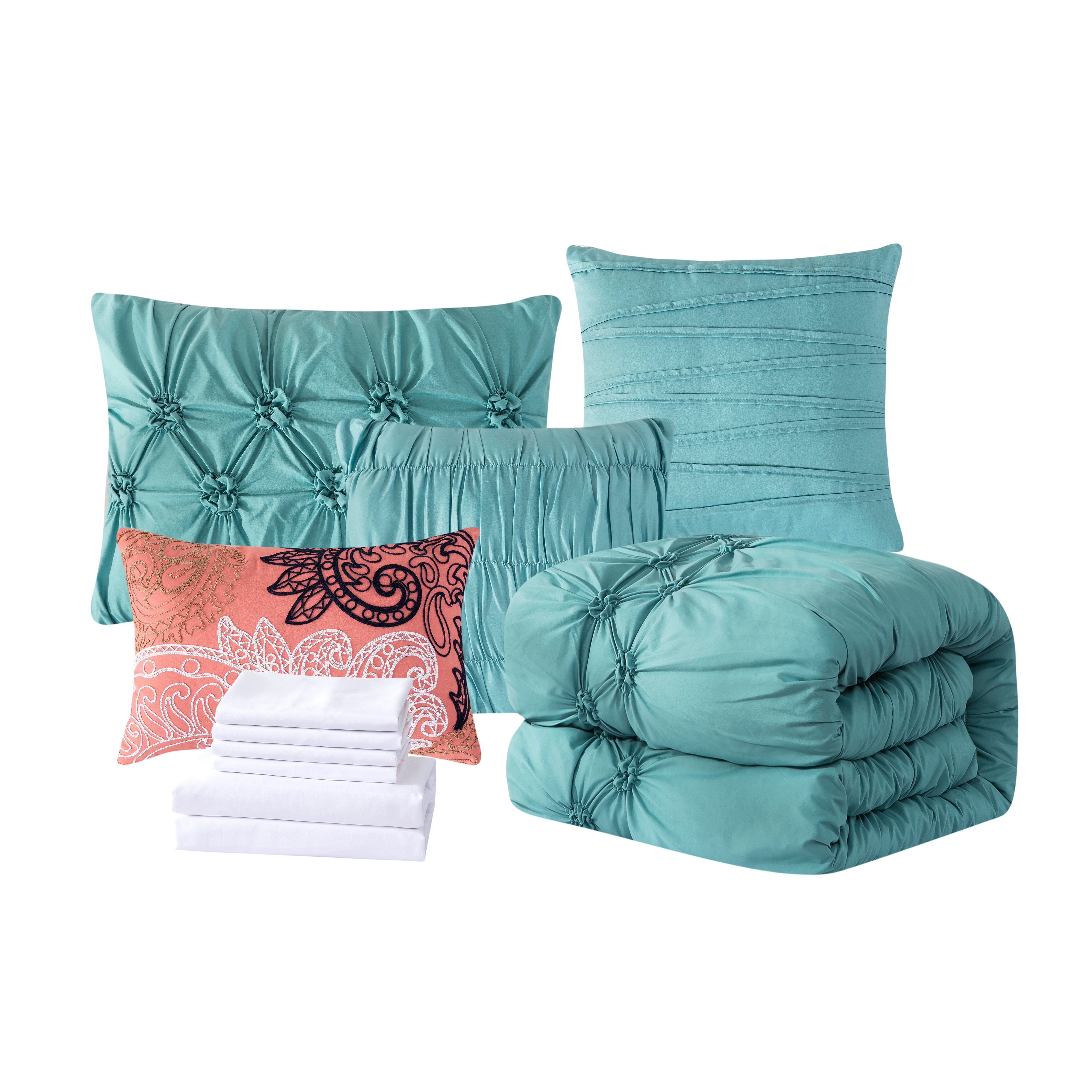 Everlaneas 12-Piece Ella Pleated Ruched Pintuck Comforter Set, Includes 6-Piece Sheet Set with Double Sided Storage Pockets