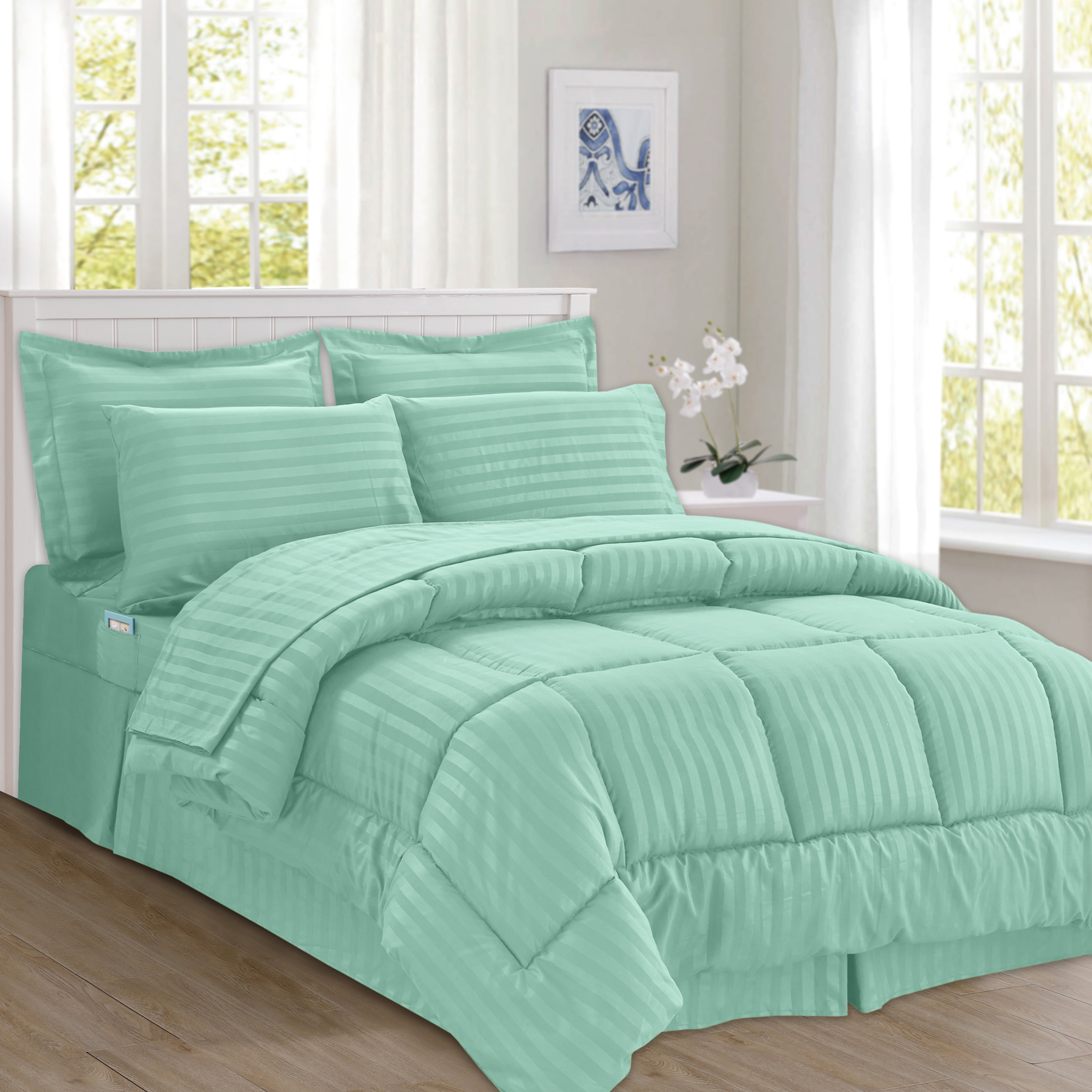 Everlaneas 8-Piece Dobby Stripe Comforter Set - Includes 4-Piece Sheet Set with Double Sided Storage Pockets