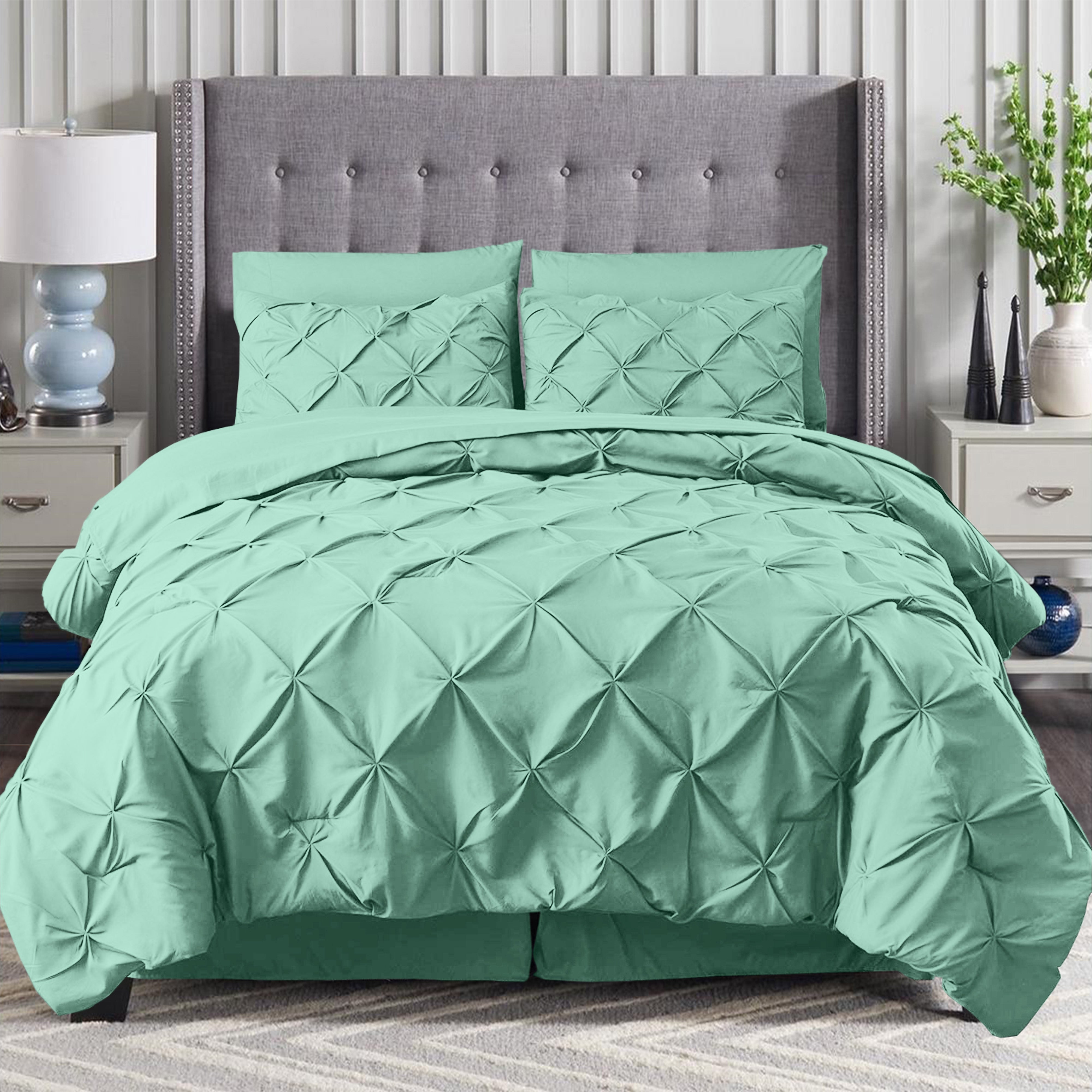 Everlaneas 8-Piece Pintuck Pinch Pleated Comforter Set - Includes 4-Piece Sheet Set with Double Sided Storage Pockets