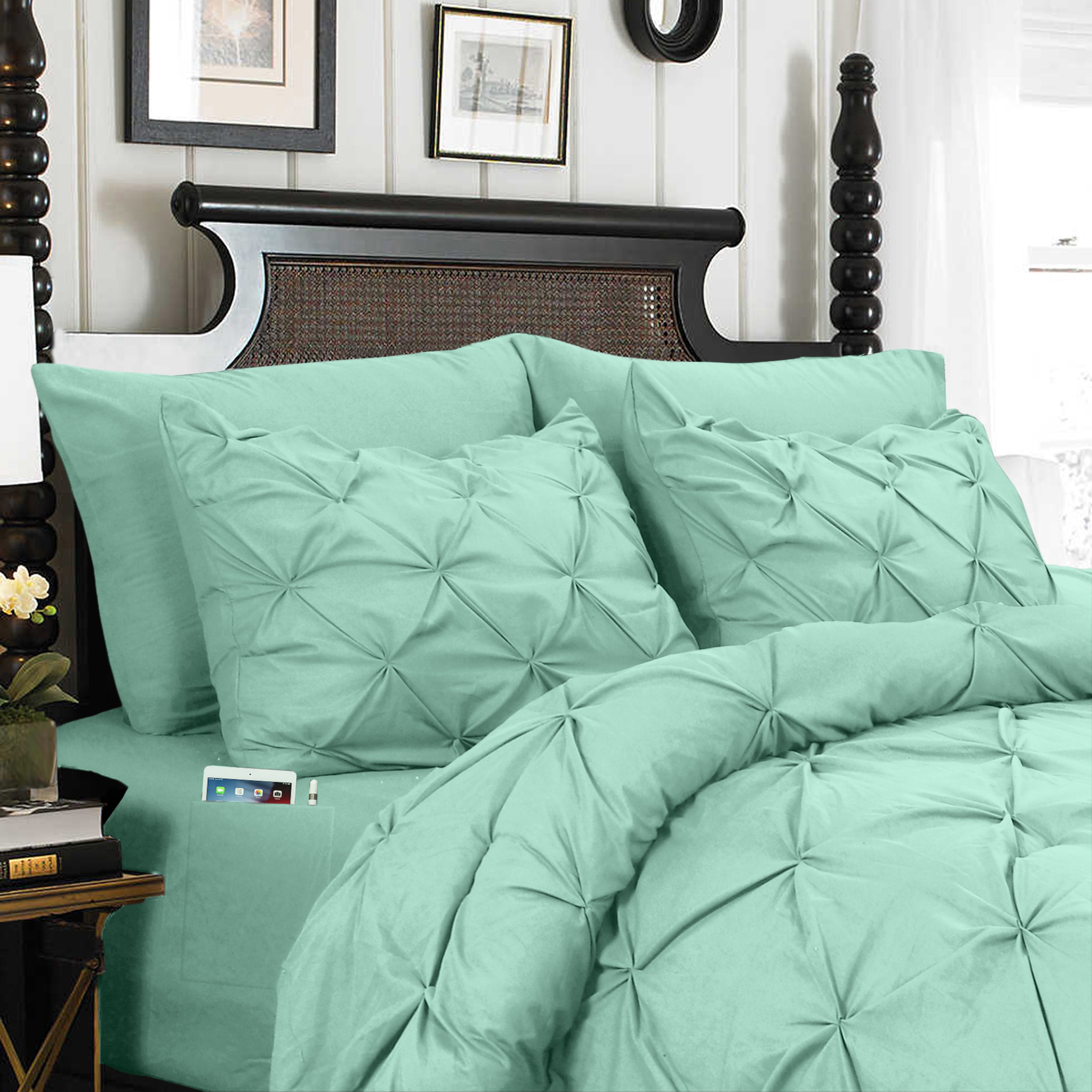 Everlaneas 8-Piece Pintuck Pinch Pleated Comforter Set - Includes 4-Piece Sheet Set with Double Sided Storage Pockets
