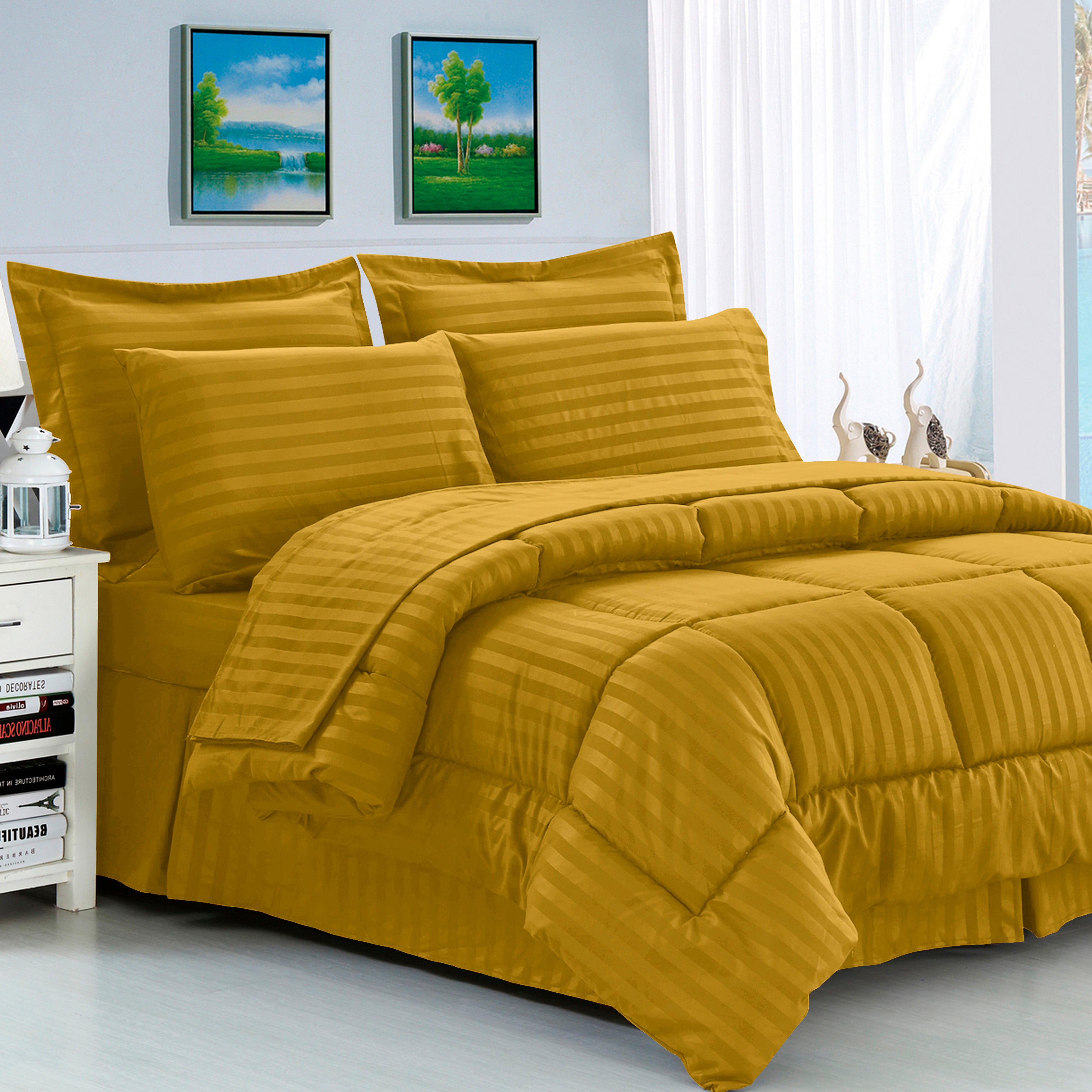 Everlaneas 8-Piece Dobby Stripe Comforter Set - Includes 4-Piece Sheet Set with Double Sided Storage Pockets