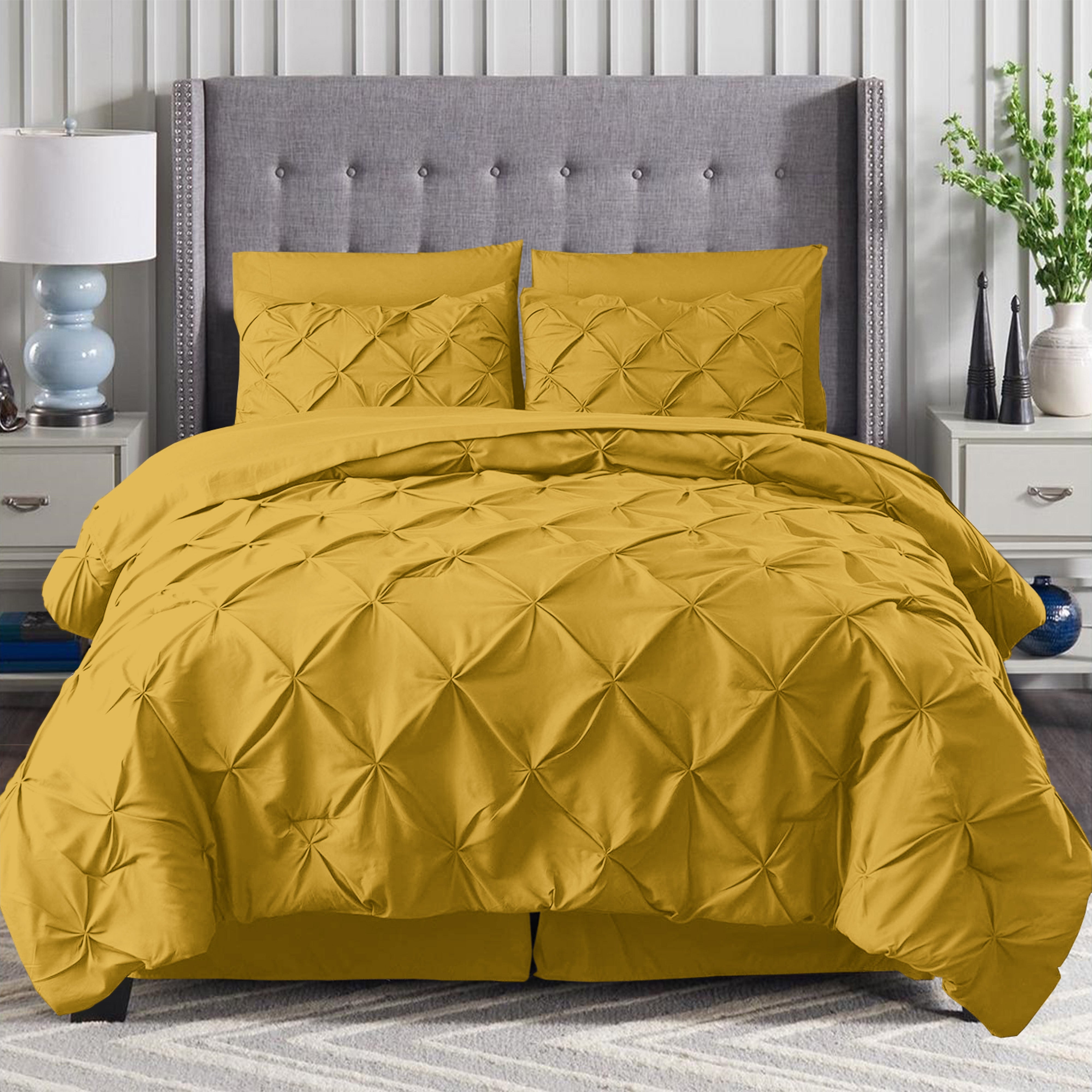 Everlaneas 8-Piece Pintuck Pinch Pleated Comforter Set - Includes 4-Piece Sheet Set with Double Sided Storage Pockets