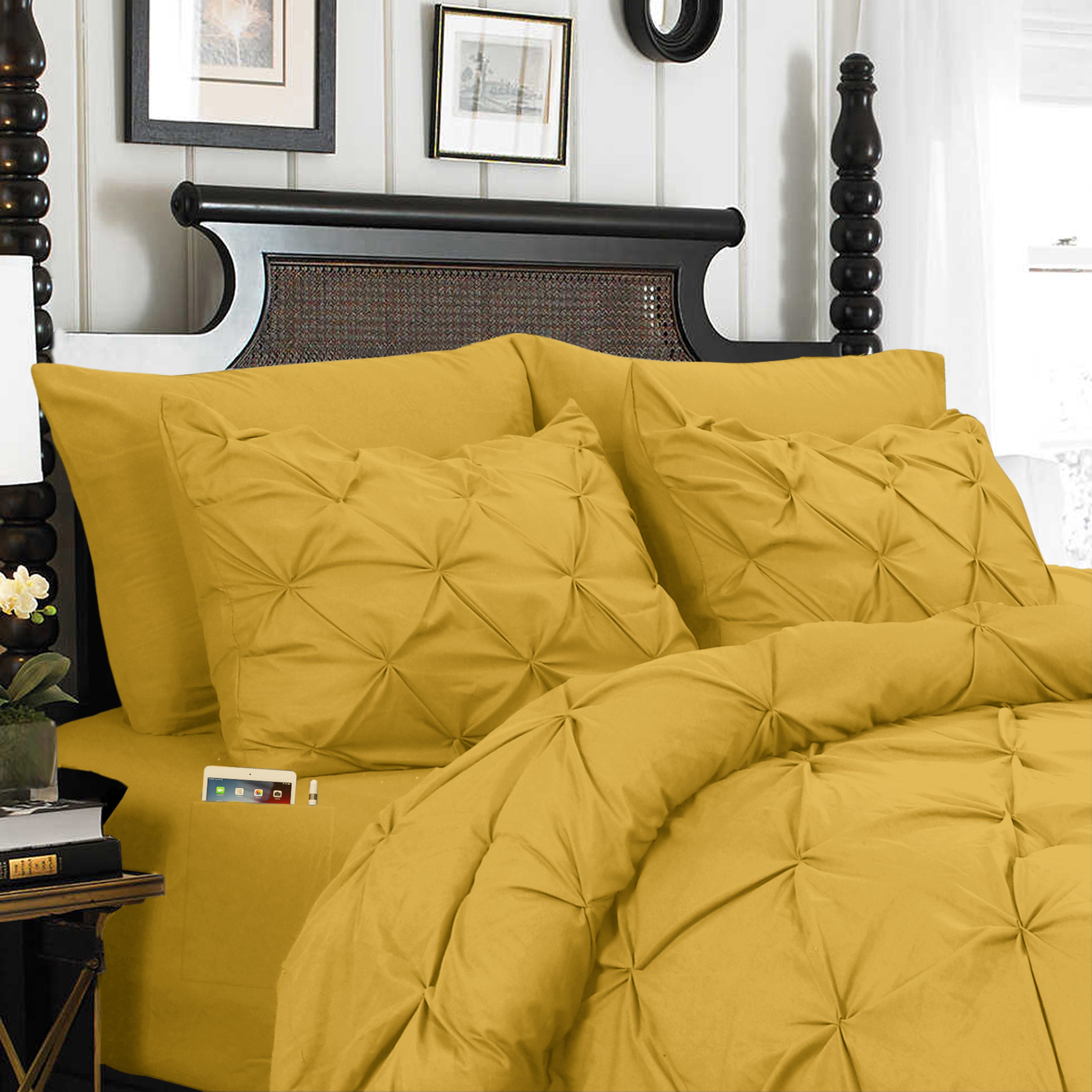 Everlaneas 8-Piece Pintuck Pinch Pleated Comforter Set - Includes 4-Piece Sheet Set with Double Sided Storage Pockets