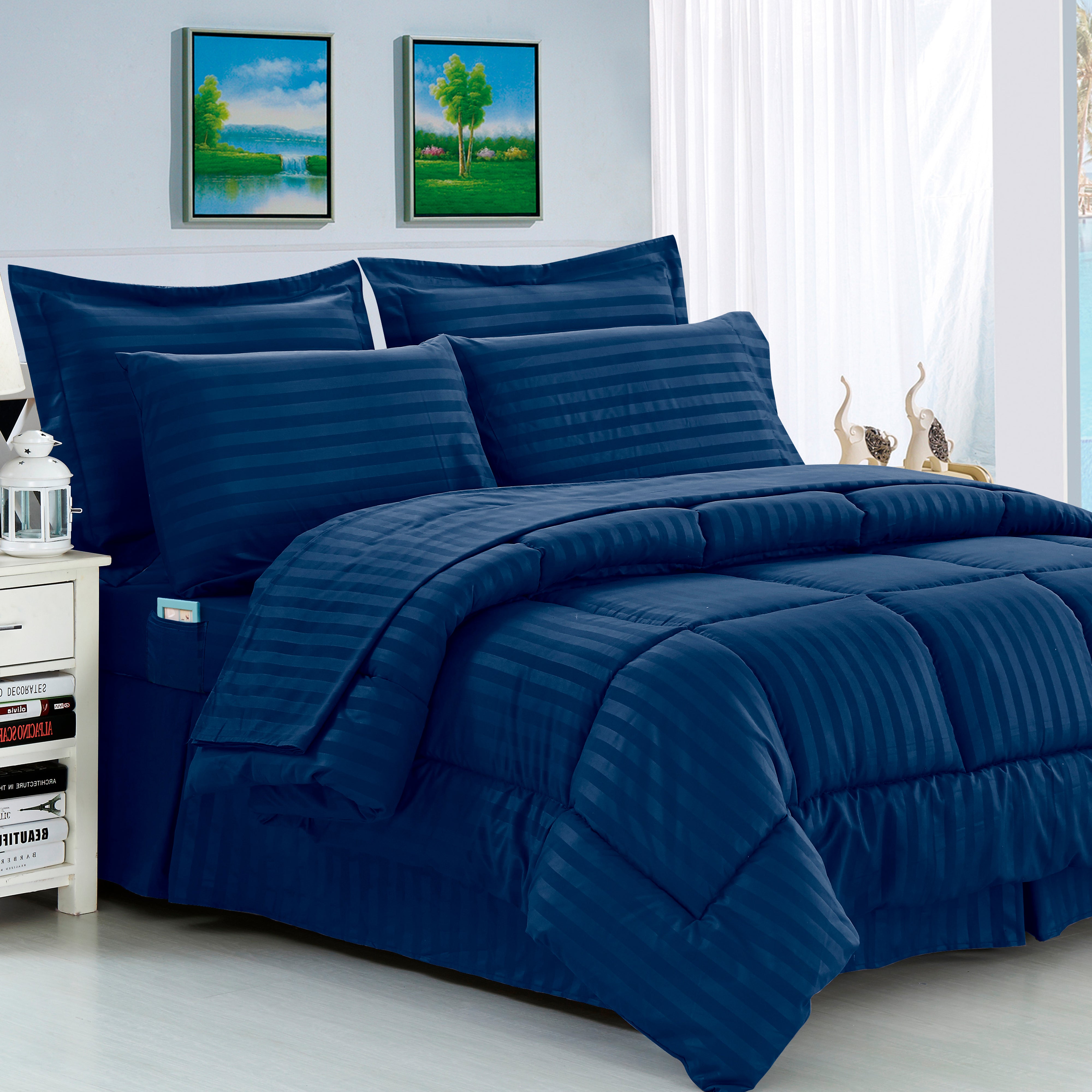 Everlaneas 8-Piece Dobby Stripe Comforter Set - Includes 4-Piece Sheet Set with Double Sided Storage Pockets