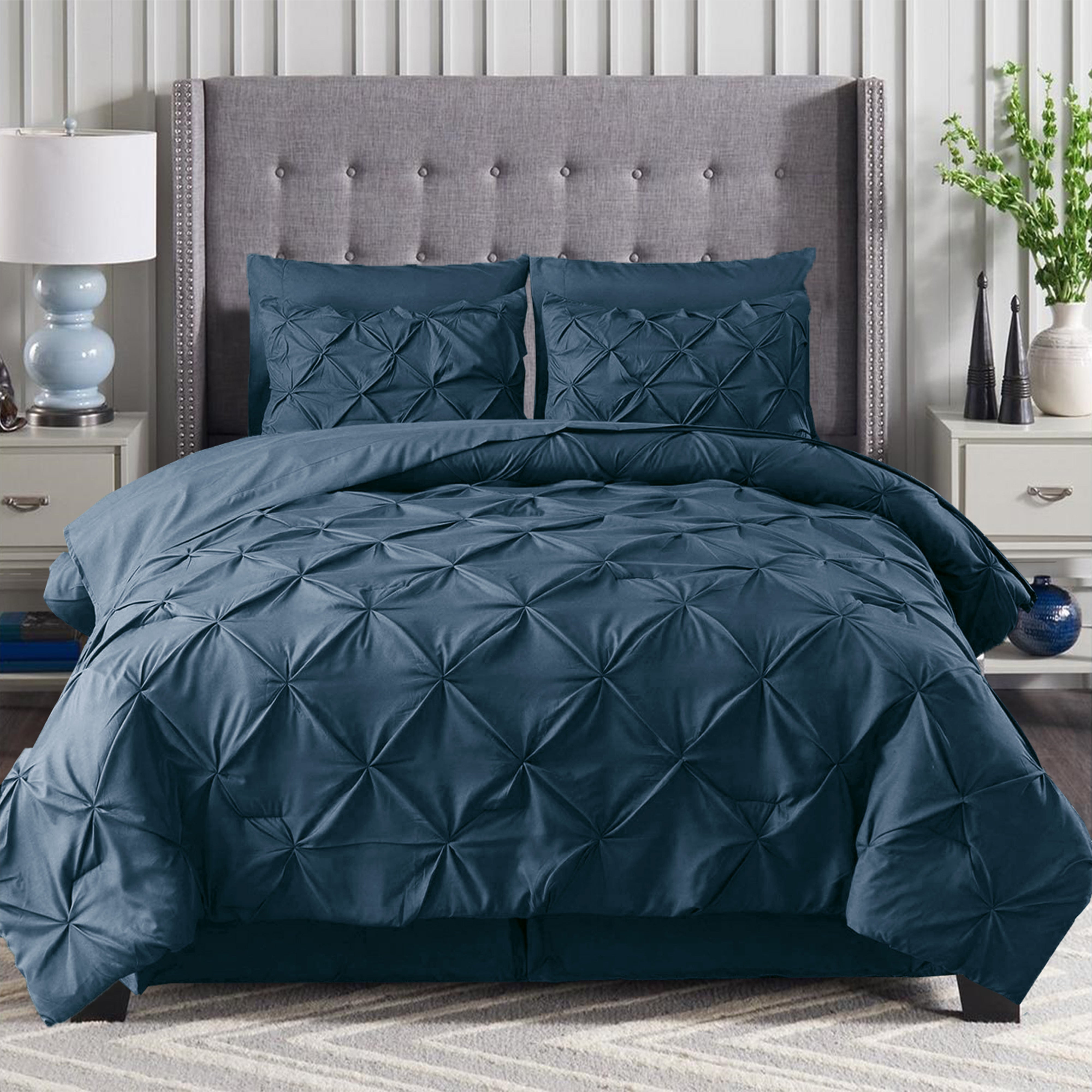 Everlaneas 8-Piece Pintuck Pinch Pleated Comforter Set - Includes 4-Piece Sheet Set with Double Sided Storage Pockets