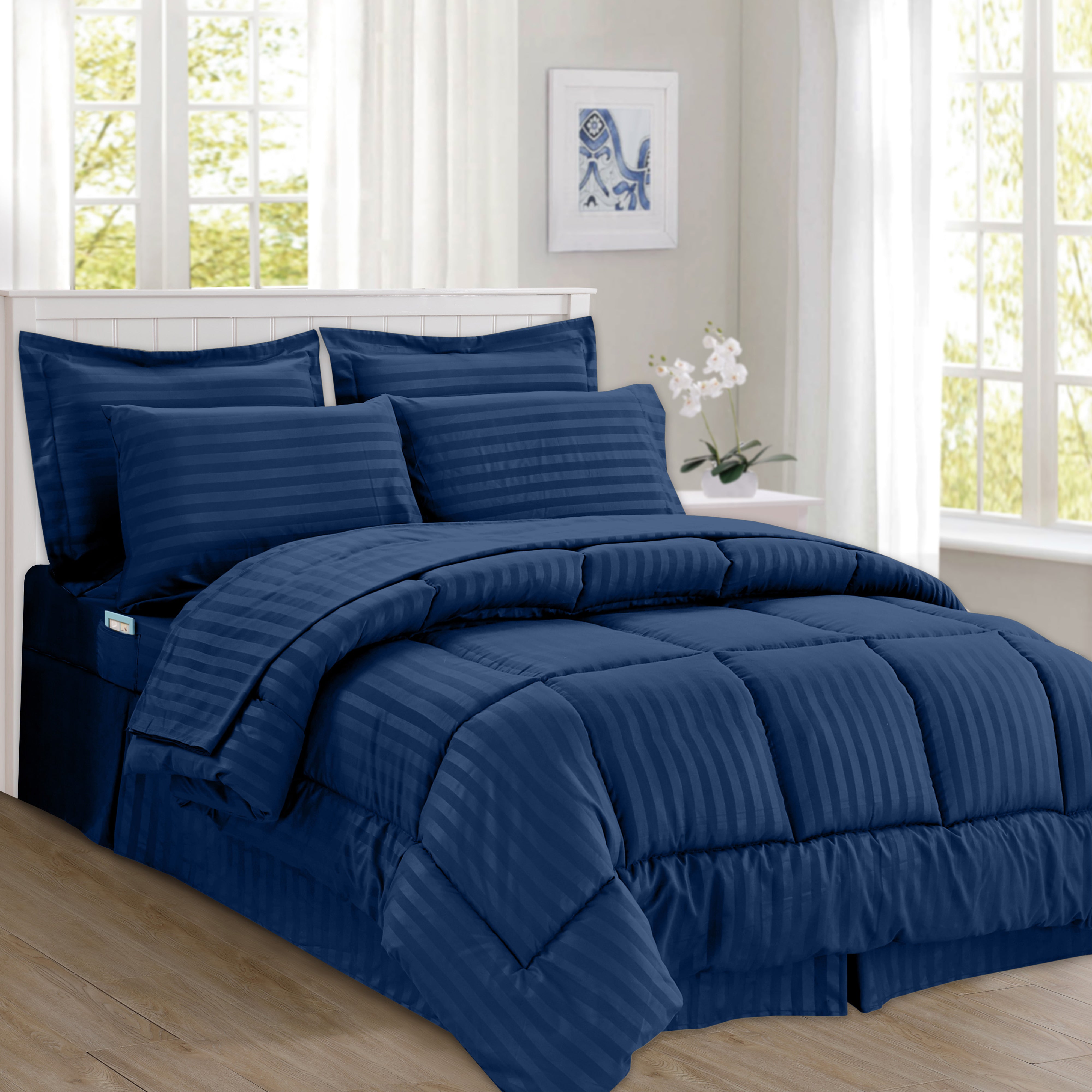 Everlaneas 8-Piece Dobby Stripe Comforter Set - Includes 4-Piece Sheet Set with Double Sided Storage Pockets