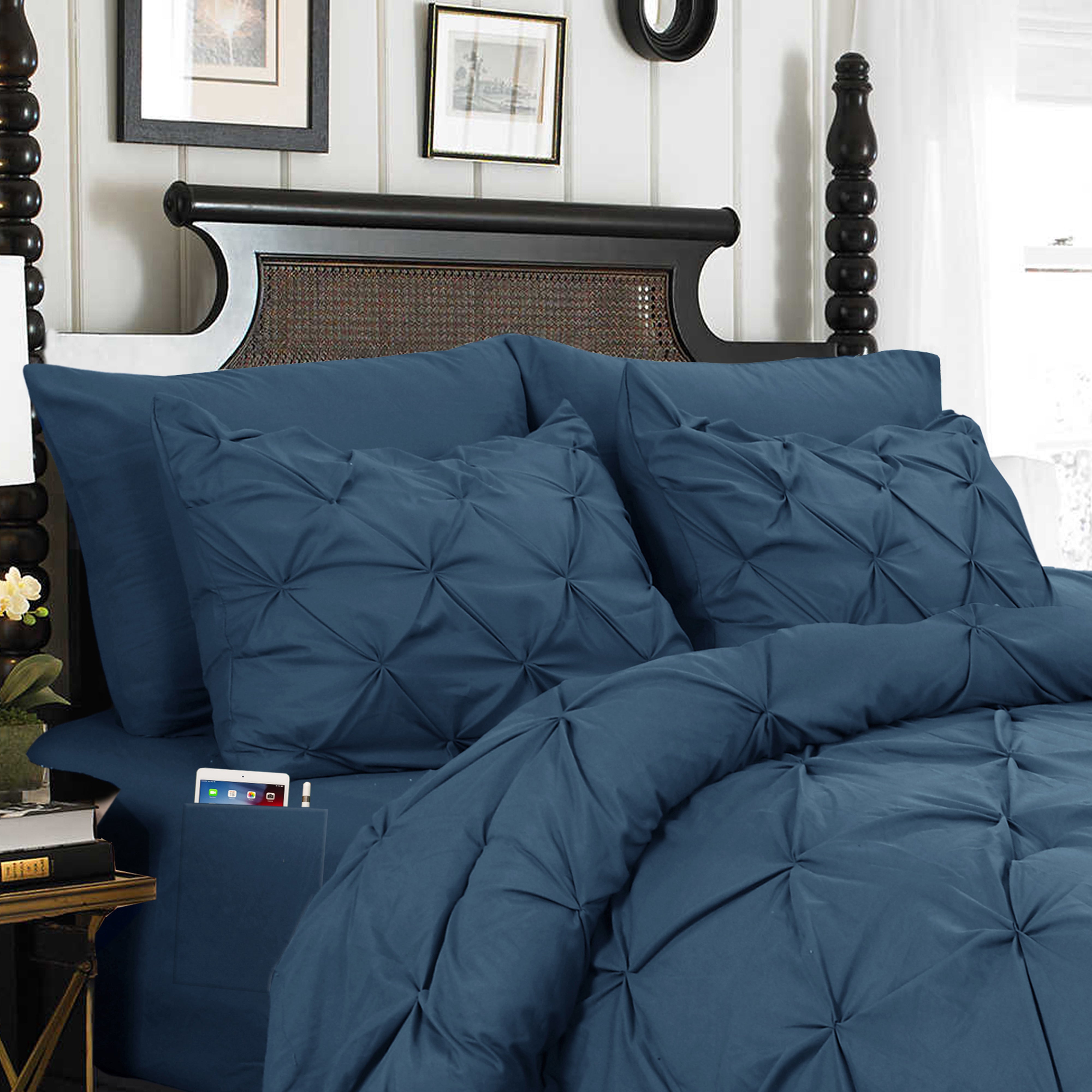 Everlaneas 8-Piece Pintuck Pinch Pleated Comforter Set - Includes 4-Piece Sheet Set with Double Sided Storage Pockets