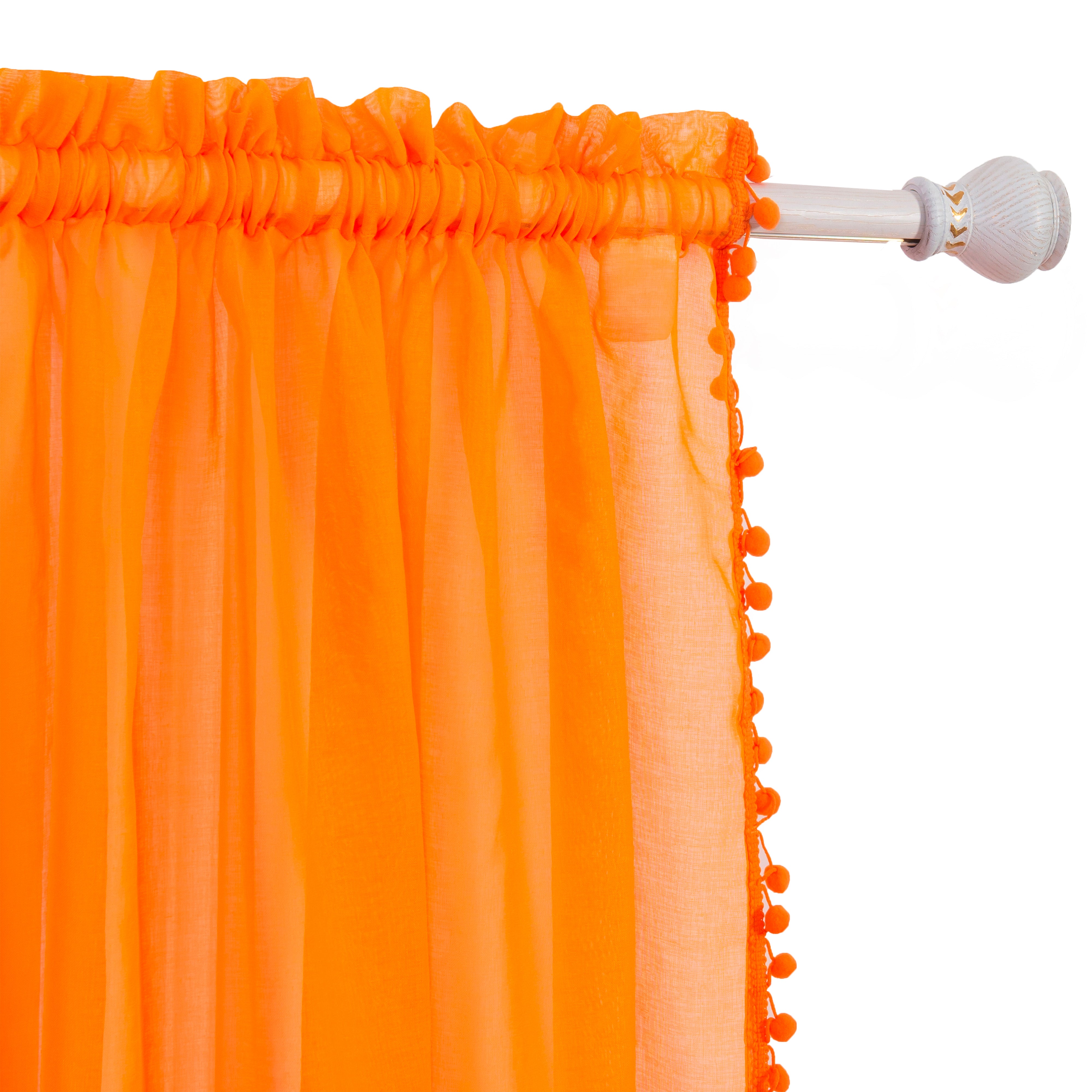 Everlaneas Set of 2 Pom Pom Tasseled Sheer Curtain - Rod Pocket