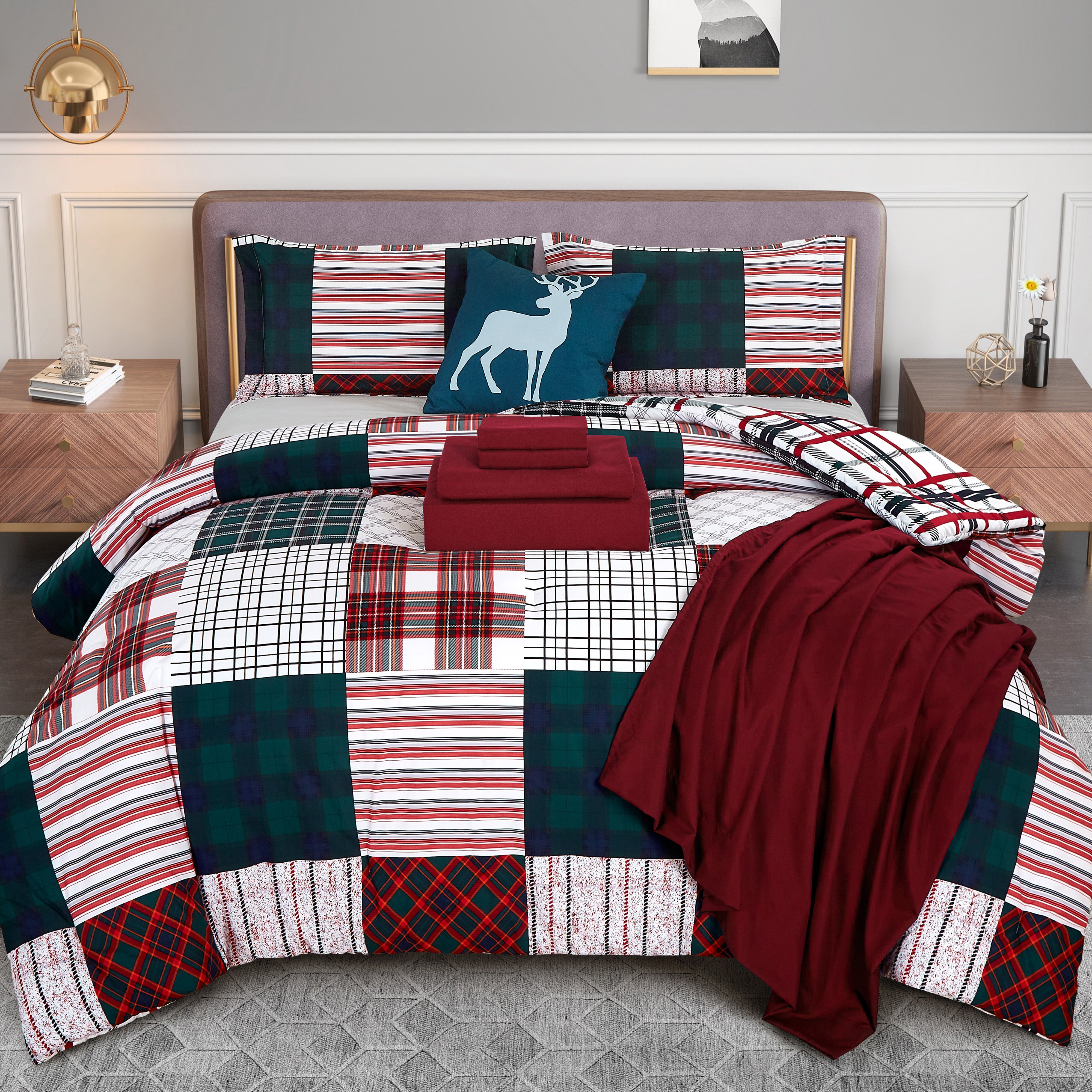 Everlaneas 8-Piece Lodge Plaid and Patch Reversible Comforter Set - Includes 4-Piece Sheet Set with Double Sided Storage Pockets