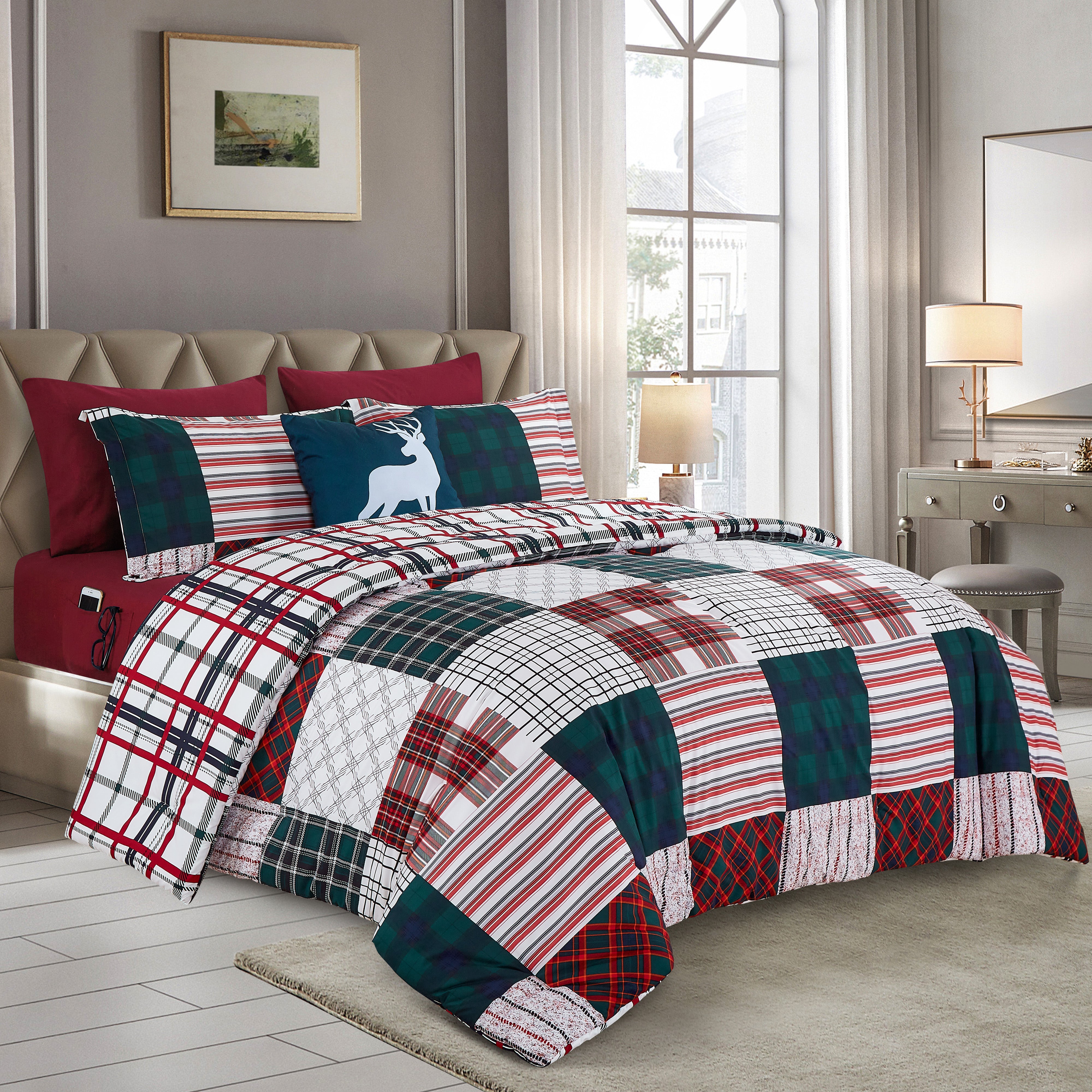 Everlaneas 8-Piece Lodge Plaid and Patch Reversible Comforter Set - Includes 4-Piece Sheet Set with Double Sided Storage Pockets