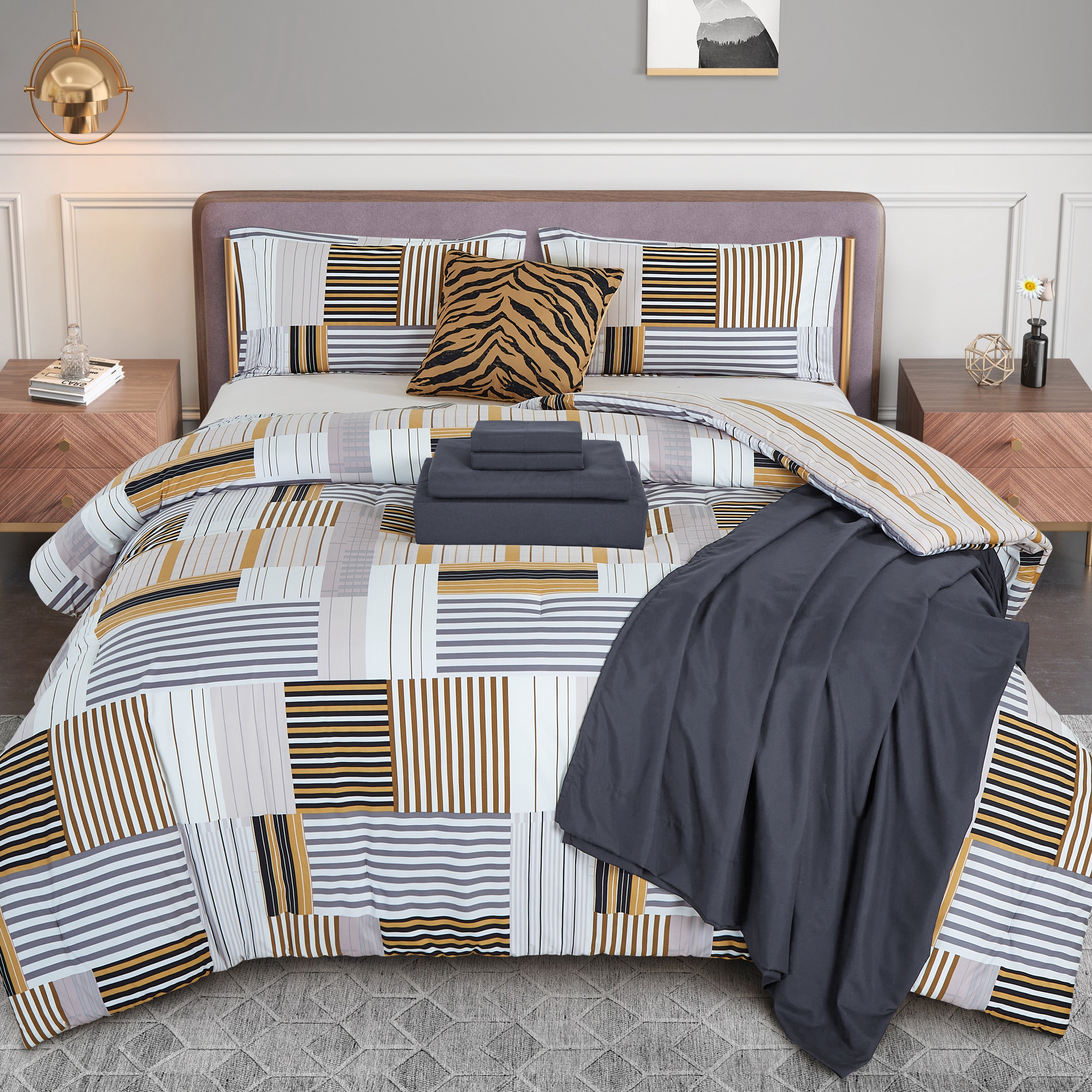 Everlaneas 8-Piece Lodge Plaid and Patch Reversible Comforter Set - Includes 4-Piece Sheet Set with Double Sided Storage Pockets