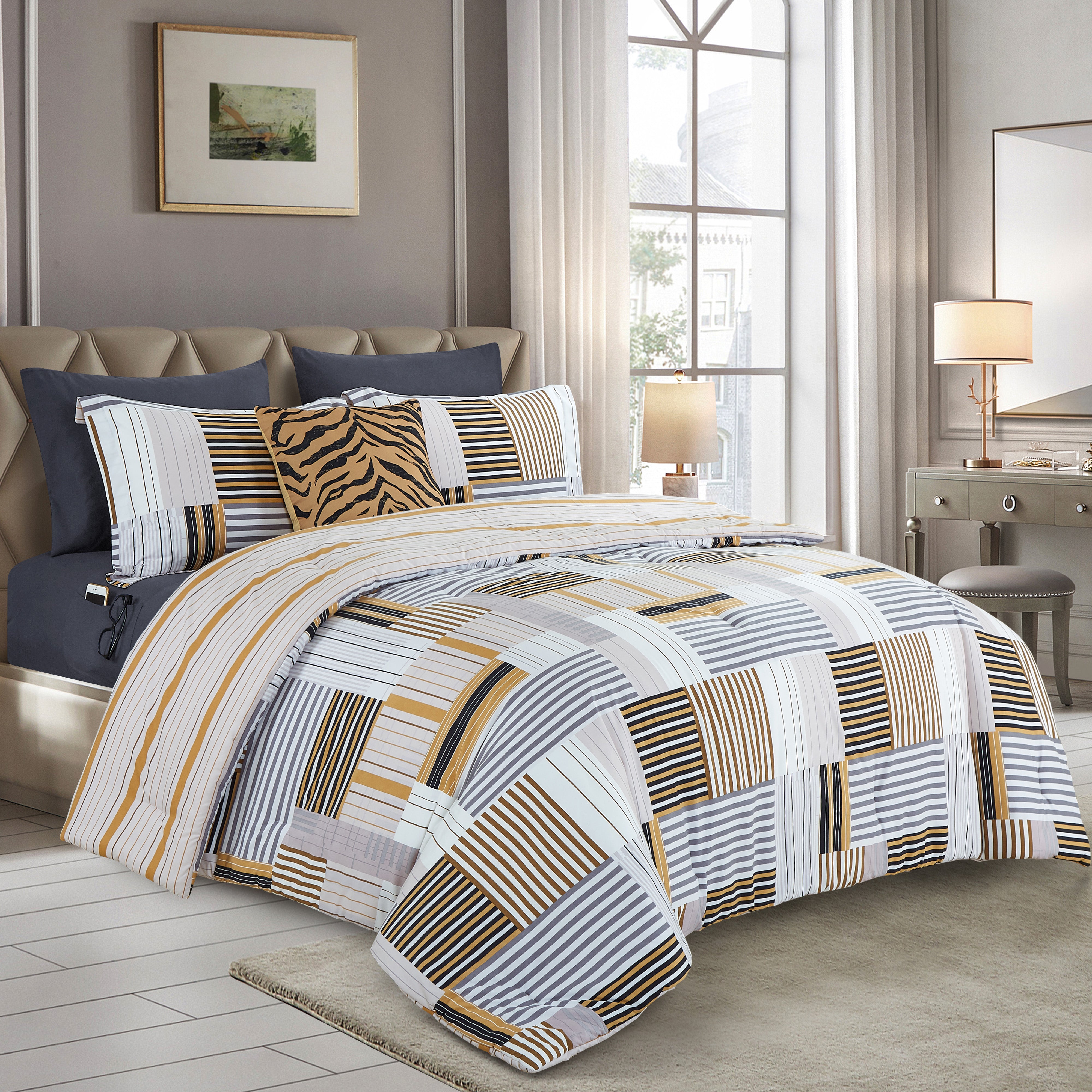 Everlaneas 8-Piece Lodge Plaid and Patch Reversible Comforter Set - Includes 4-Piece Sheet Set with Double Sided Storage Pockets