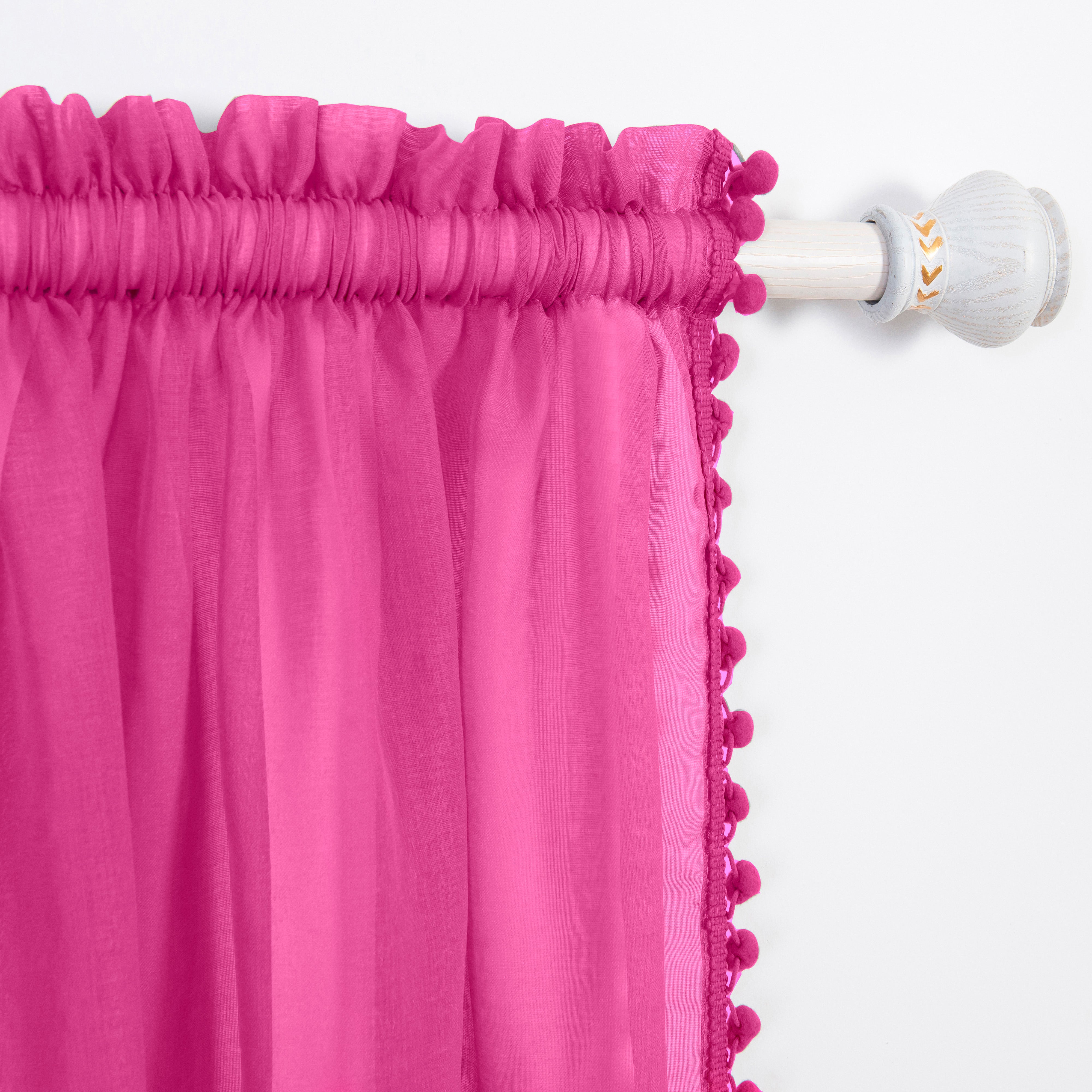 Everlaneas Set of 2 Pom Pom Tasseled Sheer Curtain - Rod Pocket