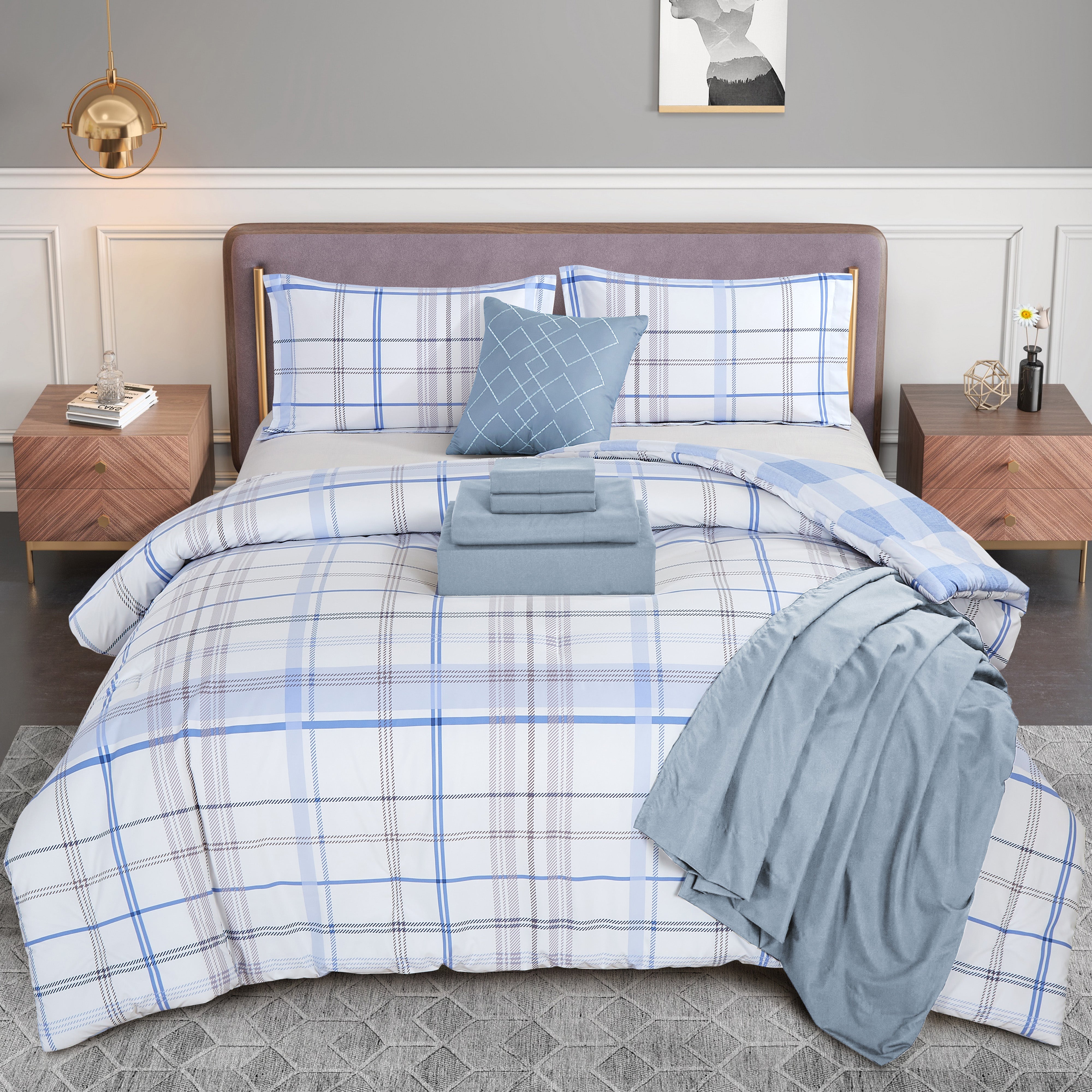 Everlaneas 8-Piece Lodge Plaid and Patch Reversible Comforter Set - Includes 4-Piece Sheet Set with Double Sided Storage Pockets