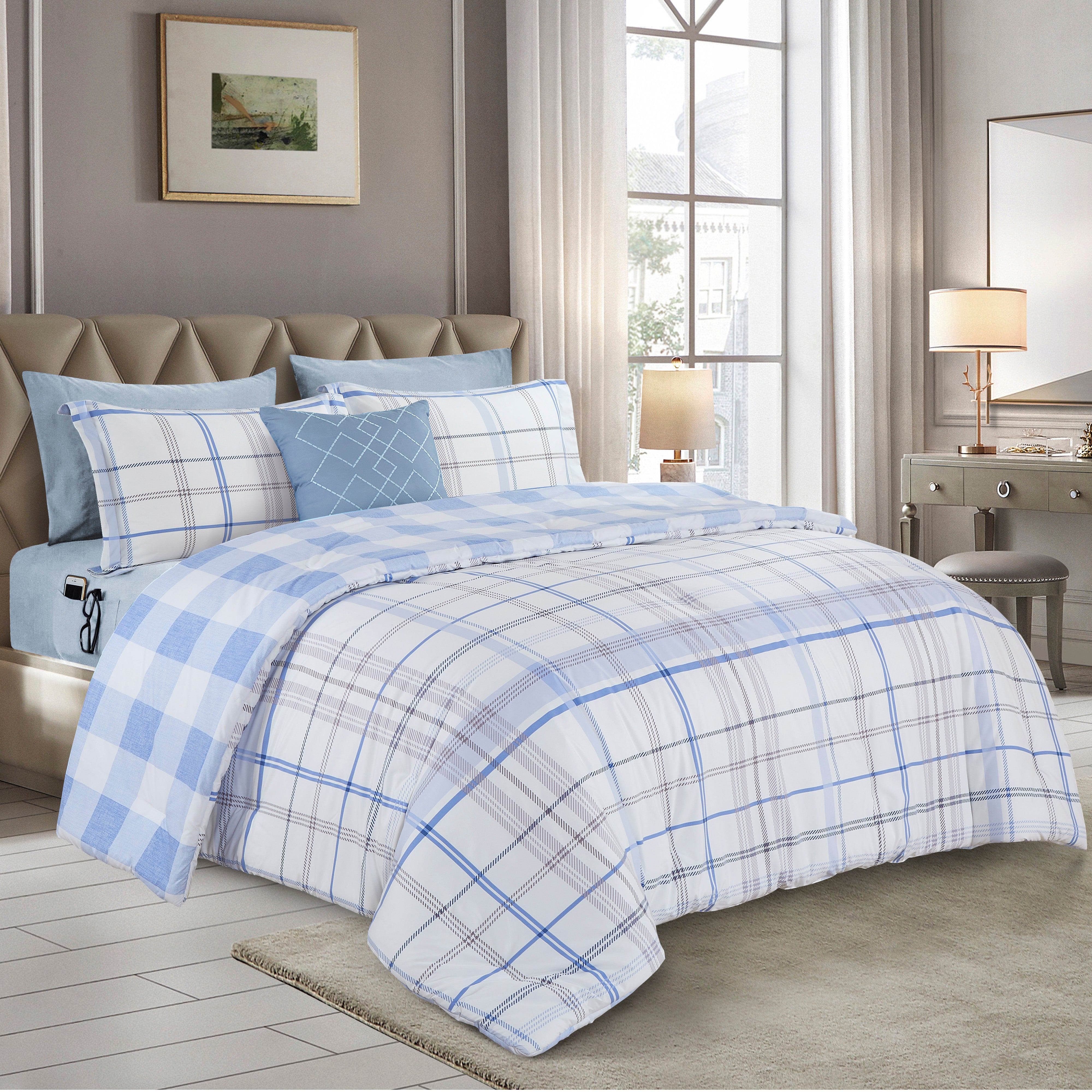 Everlaneas 8-Piece Lodge Plaid and Patch Reversible Comforter Set - Includes 4-Piece Sheet Set with Double Sided Storage Pockets