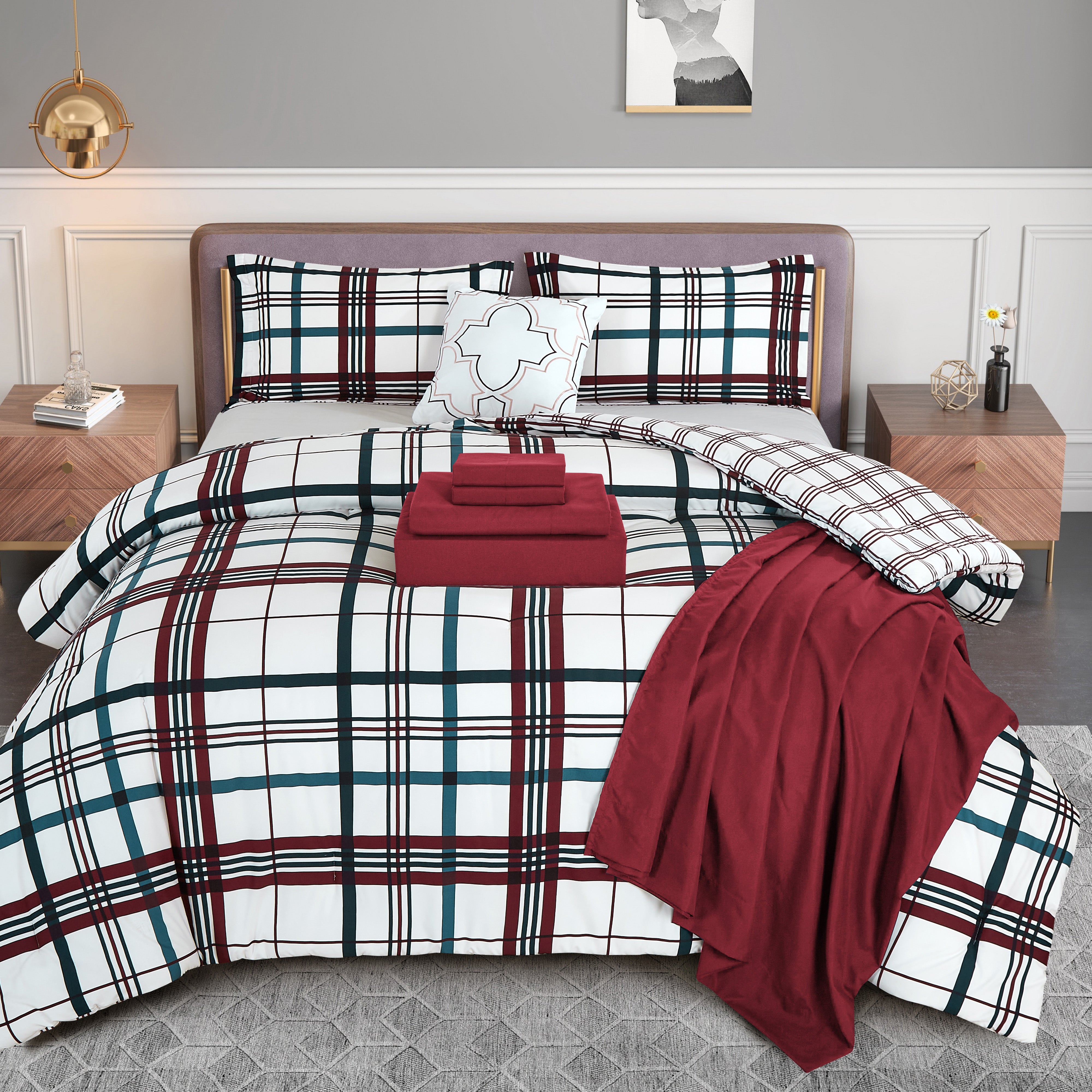 Everlaneas 8-Piece Lodge Plaid and Patch Reversible Comforter Set - Includes 4-Piece Sheet Set with Double Sided Storage Pockets