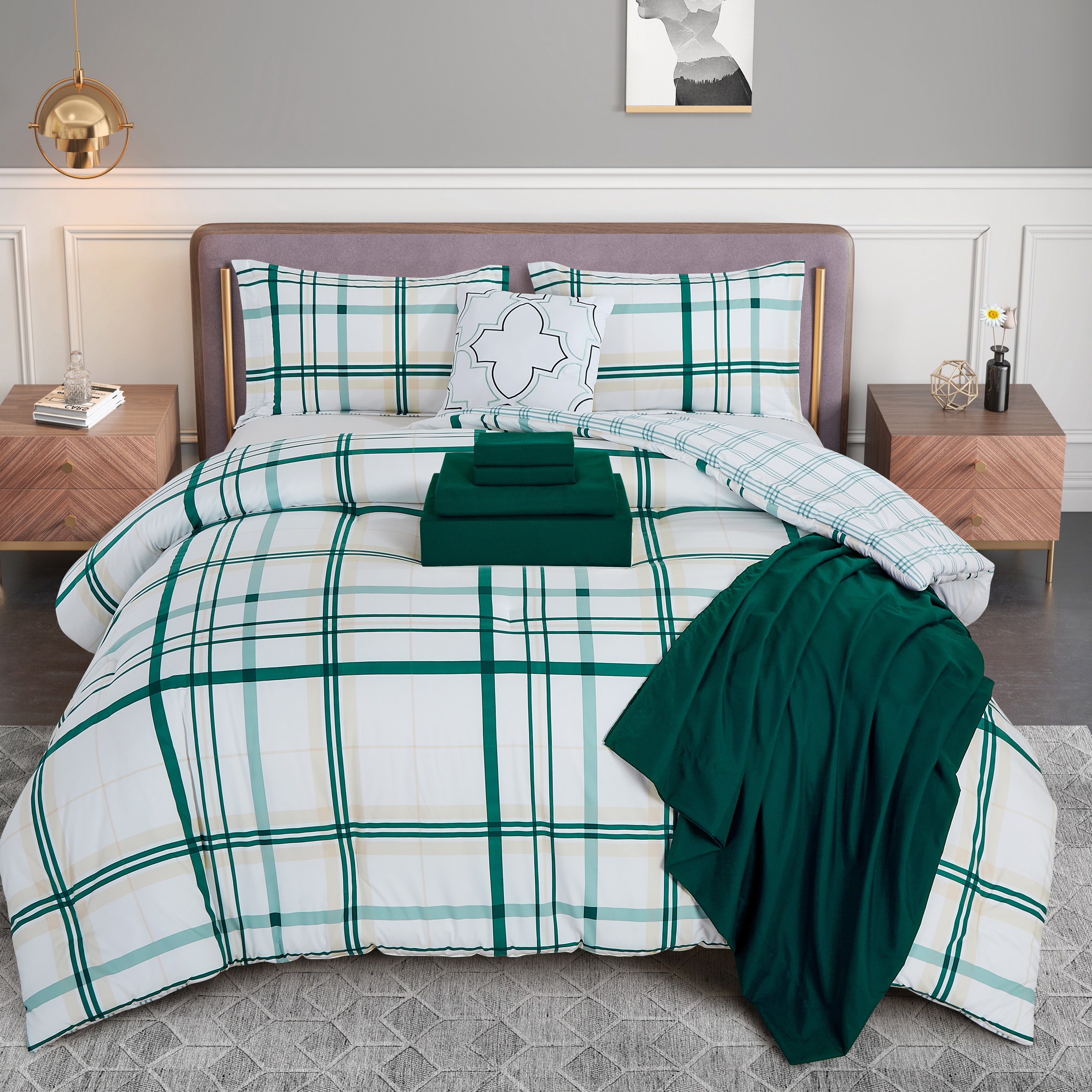 Everlaneas 8-Piece Lodge Plaid and Patch Reversible Comforter Set - Includes 4-Piece Sheet Set with Double Sided Storage Pockets