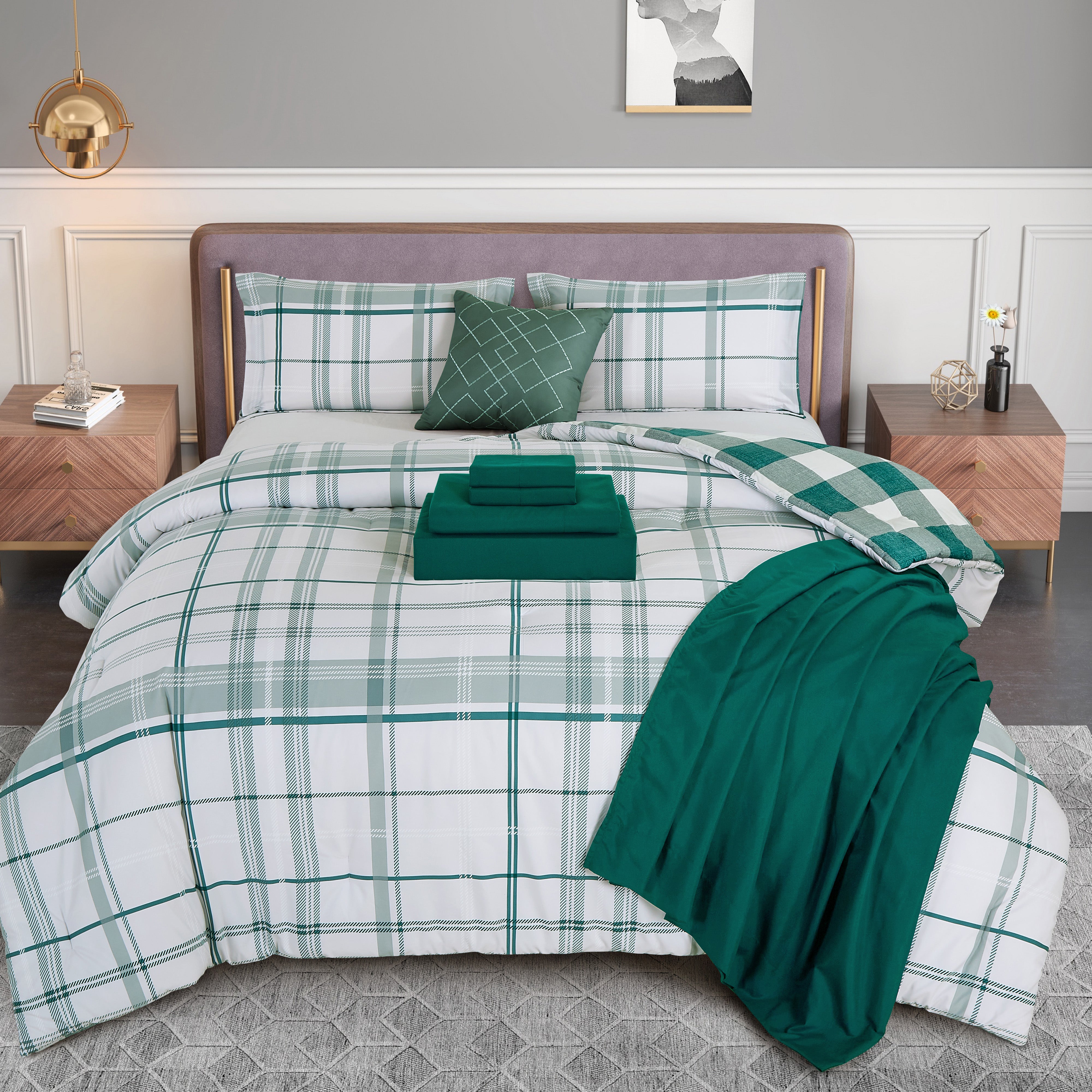 Everlaneas 8-Piece Lodge Plaid and Patch Reversible Comforter Set - Includes 4-Piece Sheet Set with Double Sided Storage Pockets