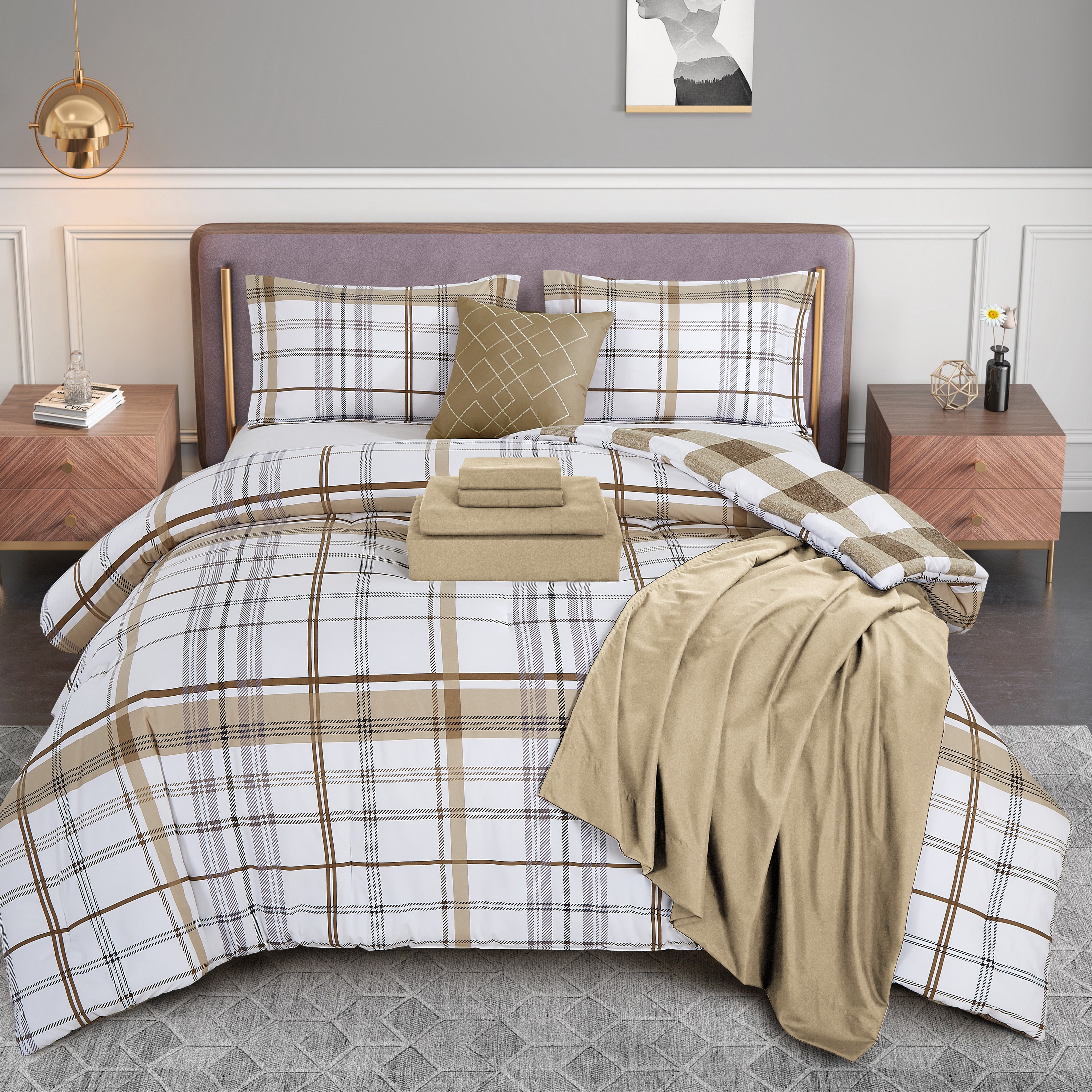 Everlaneas 8-Piece Lodge Plaid and Patch Reversible Comforter Set - Includes 4-Piece Sheet Set with Double Sided Storage Pockets