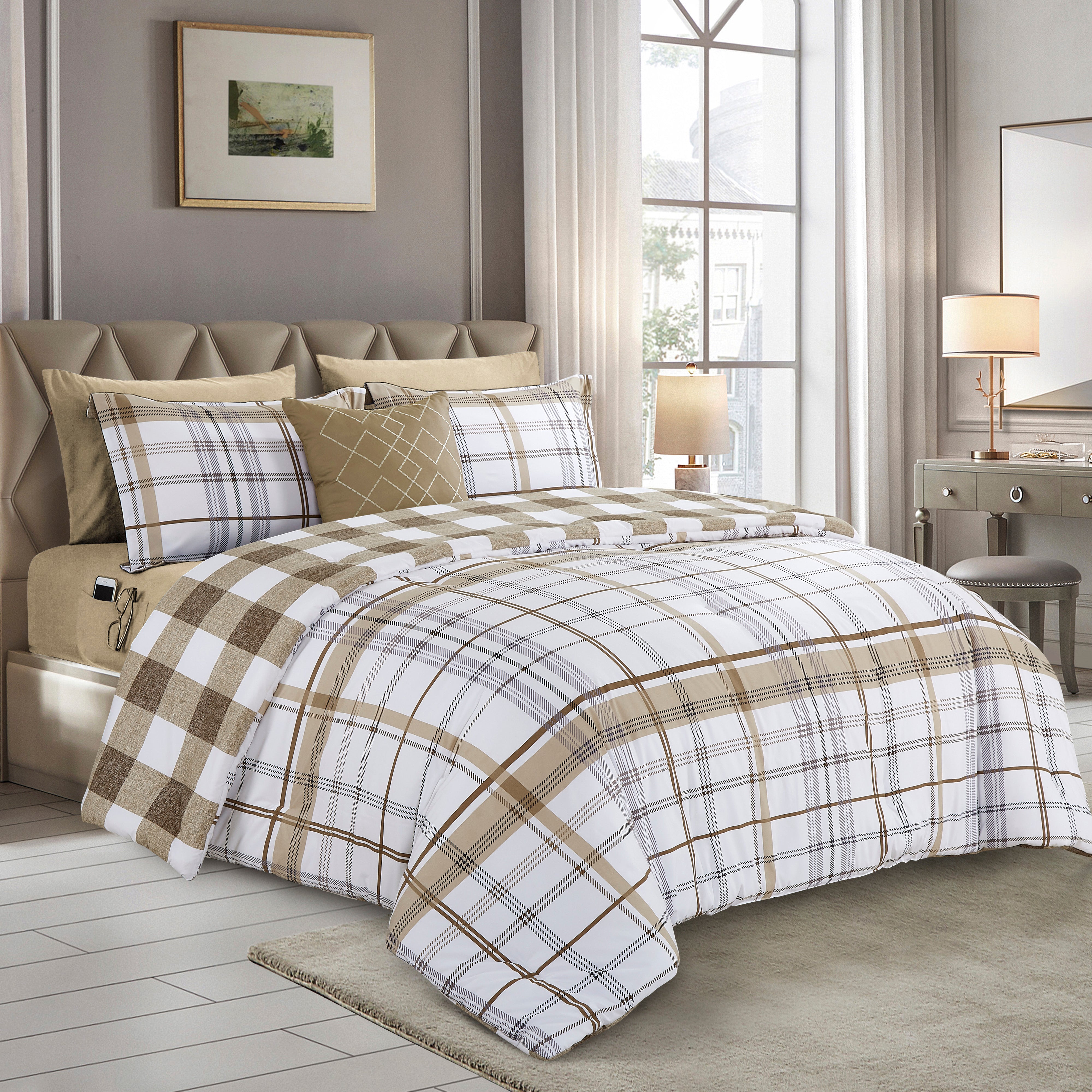 Everlaneas 8-Piece Lodge Plaid and Patch Reversible Comforter Set - Includes 4-Piece Sheet Set with Double Sided Storage Pockets
