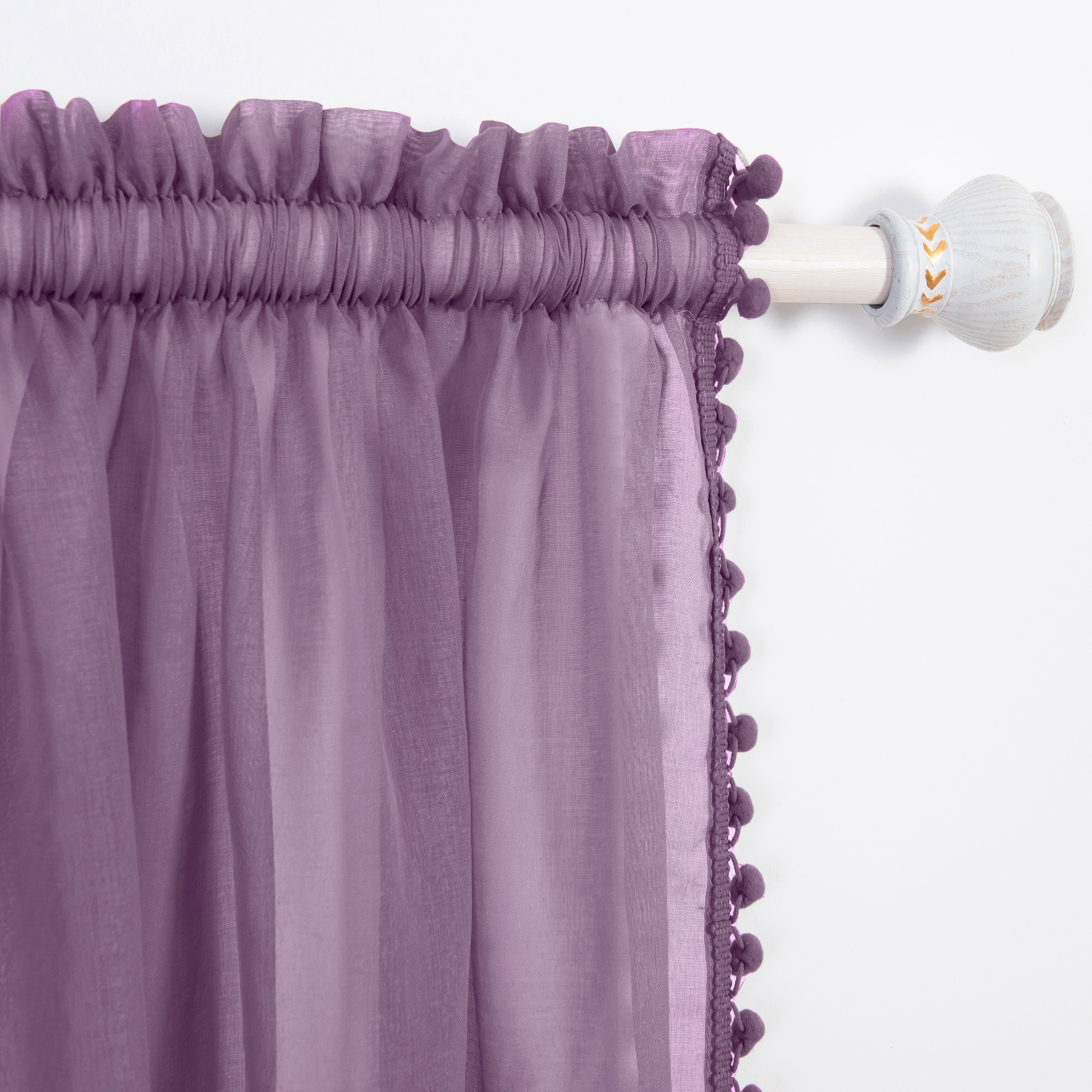 Everlaneas Set of 2 Pom Pom Tasseled Sheer Curtain - Rod Pocket
