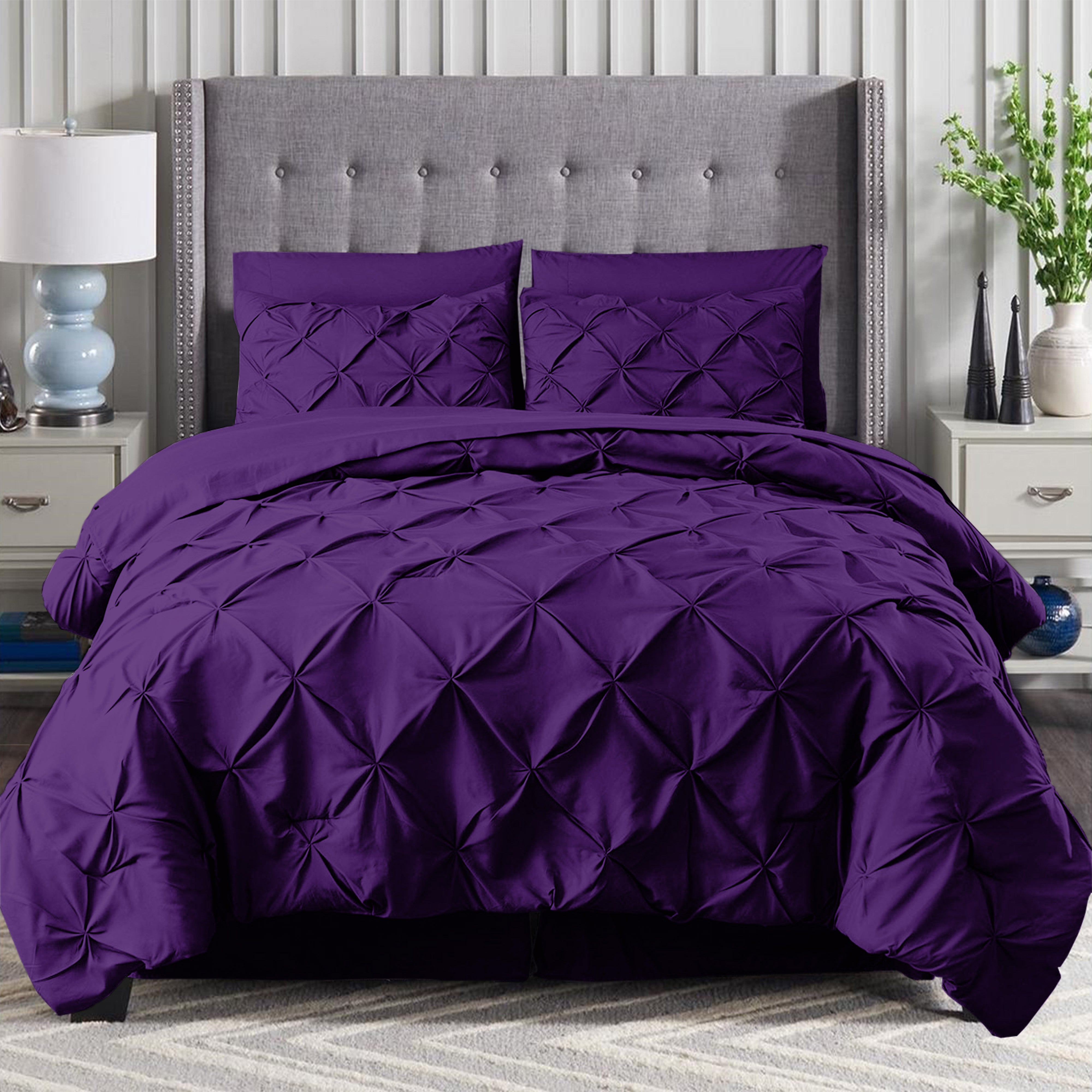 Everlaneas 8-Piece Pintuck Pinch Pleated Comforter Set - Includes 4-Piece Sheet Set with Double Sided Storage Pockets