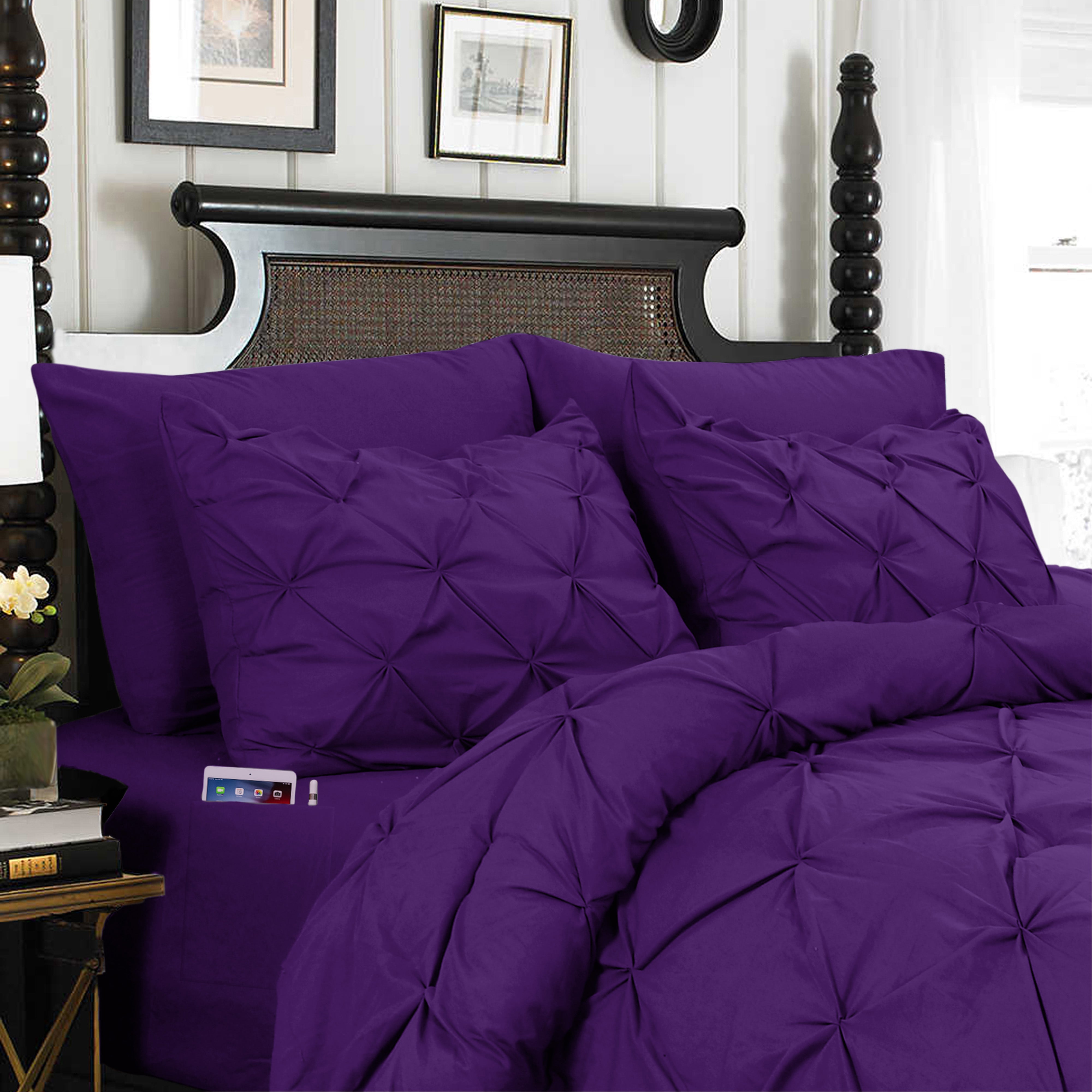 Everlaneas 8-Piece Pintuck Pinch Pleated Comforter Set - Includes 4-Piece Sheet Set with Double Sided Storage Pockets