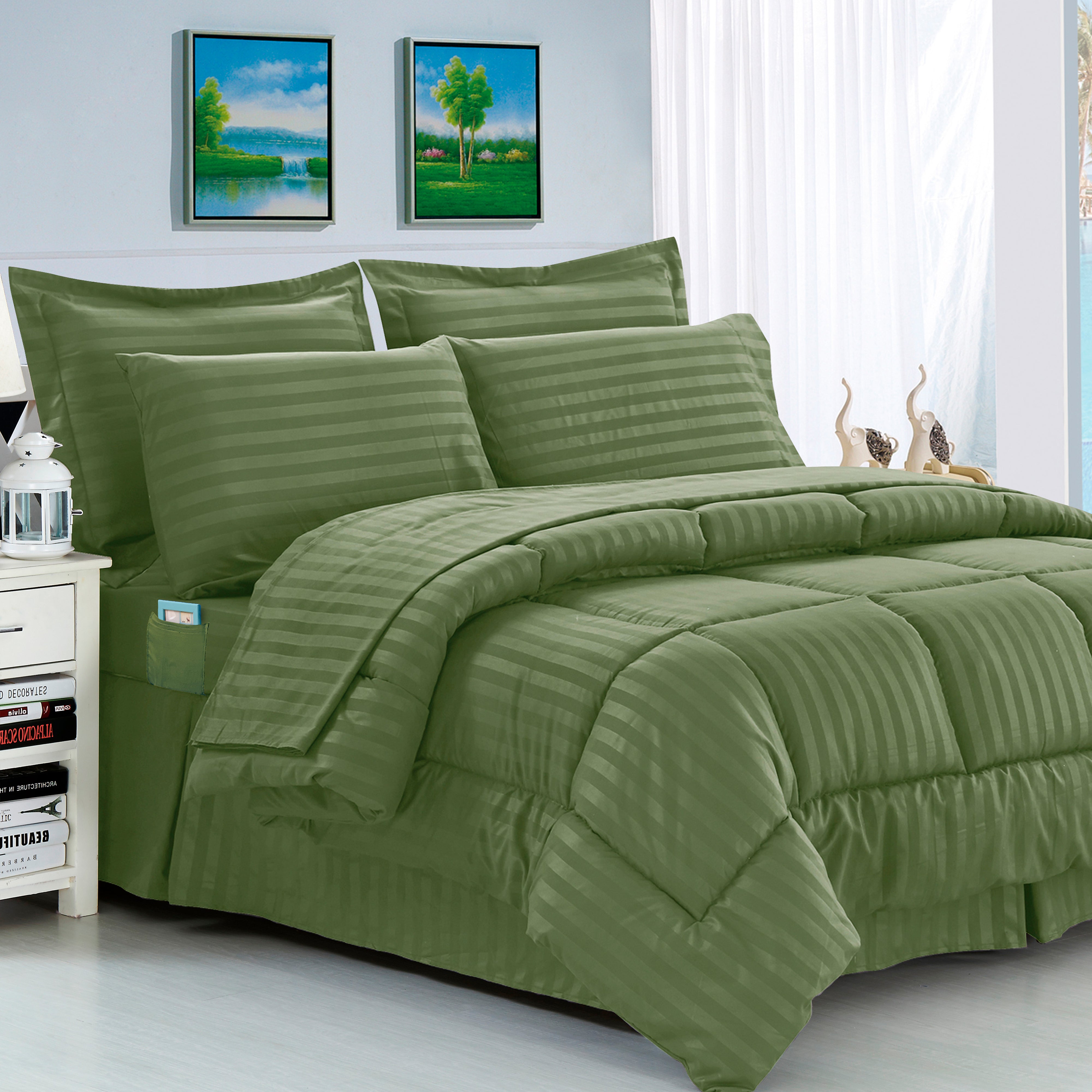 Everlaneas 8-Piece Dobby Stripe Comforter Set - Includes 4-Piece Sheet Set with Double Sided Storage Pockets