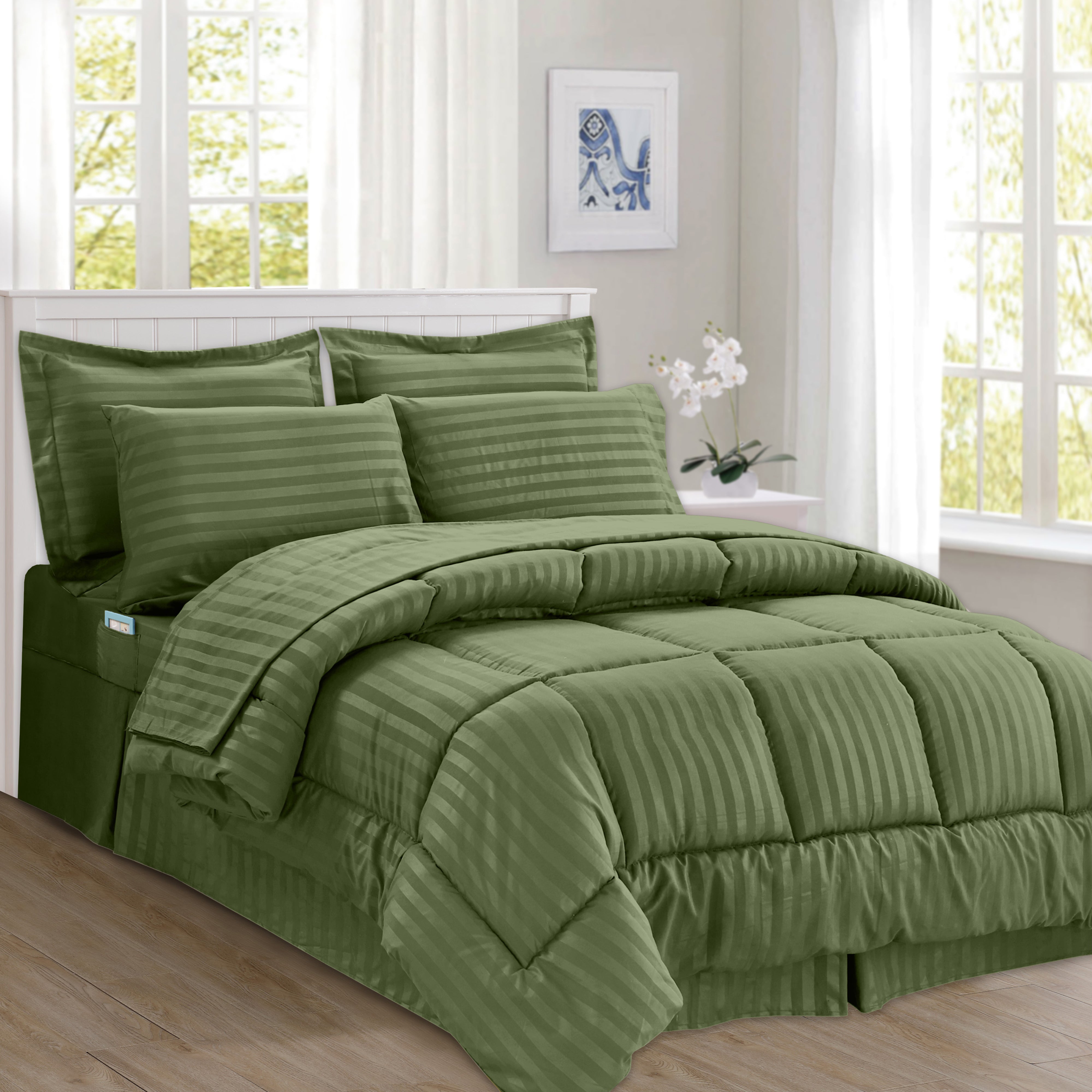 Everlaneas 8-Piece Dobby Stripe Comforter Set - Includes 4-Piece Sheet Set with Double Sided Storage Pockets