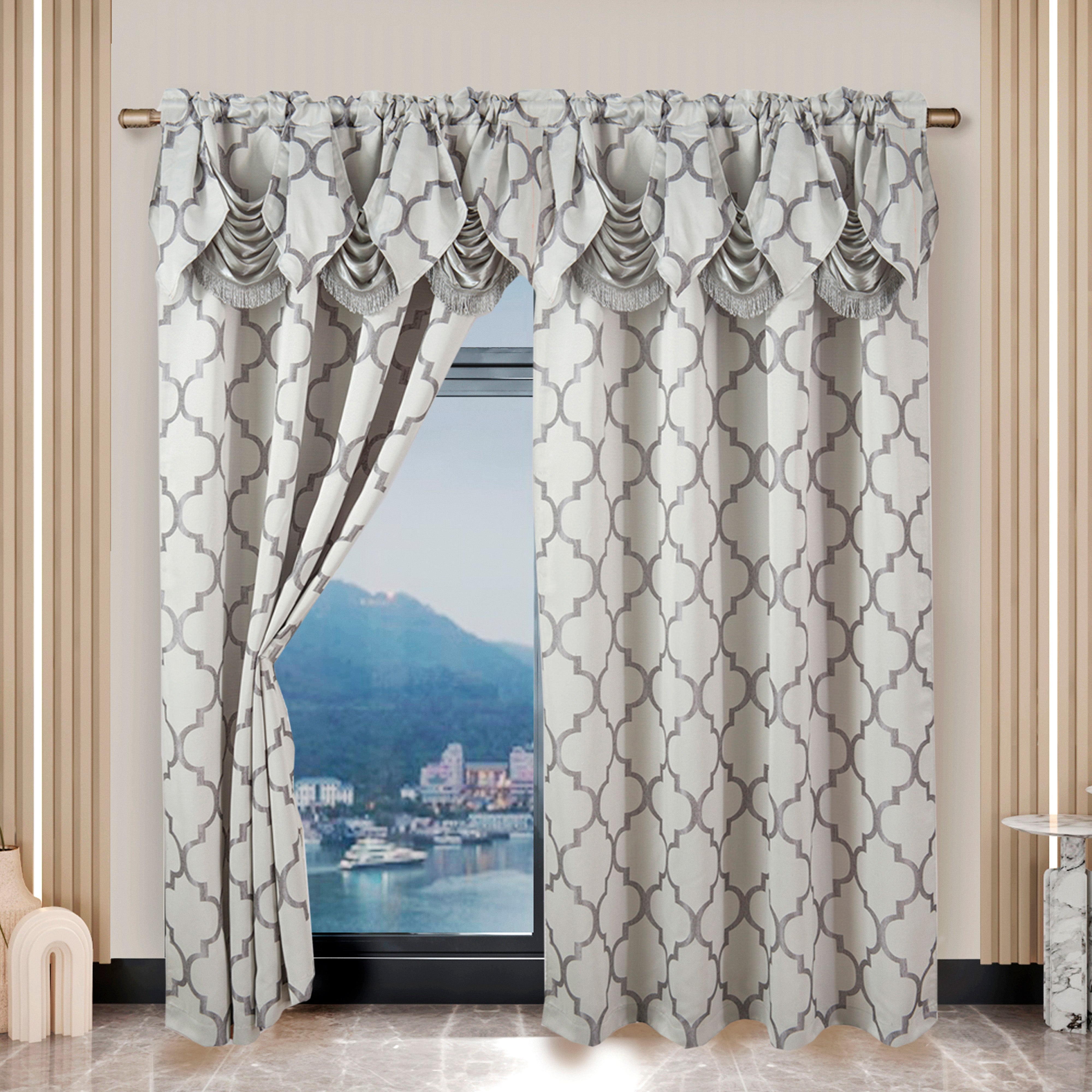 Everlaneas 2-Piece Quatrefoil - Moroccan Trellis Jacquard Look Curtain Panels- Attached Valance - 54" W x 84" L, Set of 2