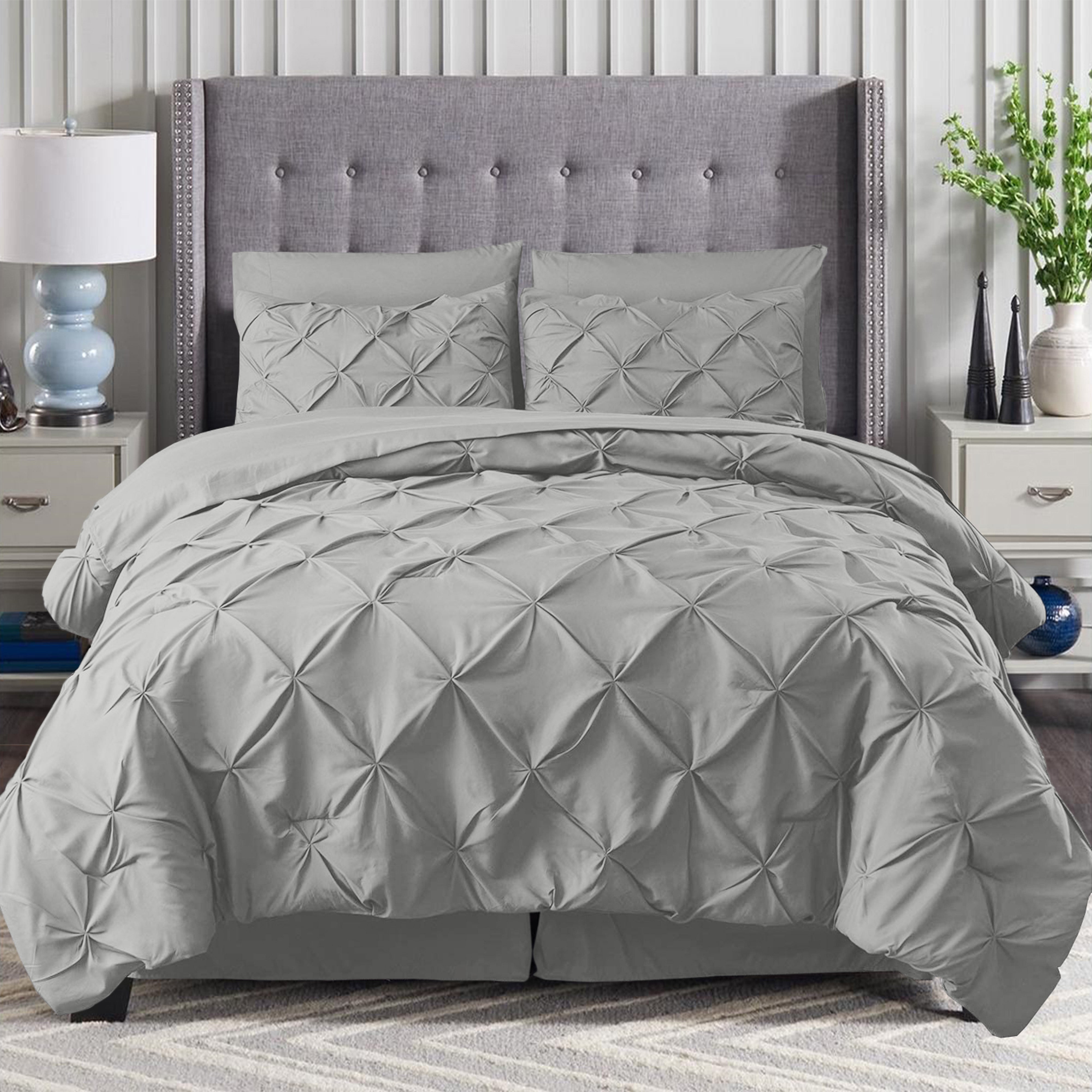 Everlaneas 8-Piece Pintuck Pinch Pleated Comforter Set - Includes 4-Piece Sheet Set with Double Sided Storage Pockets