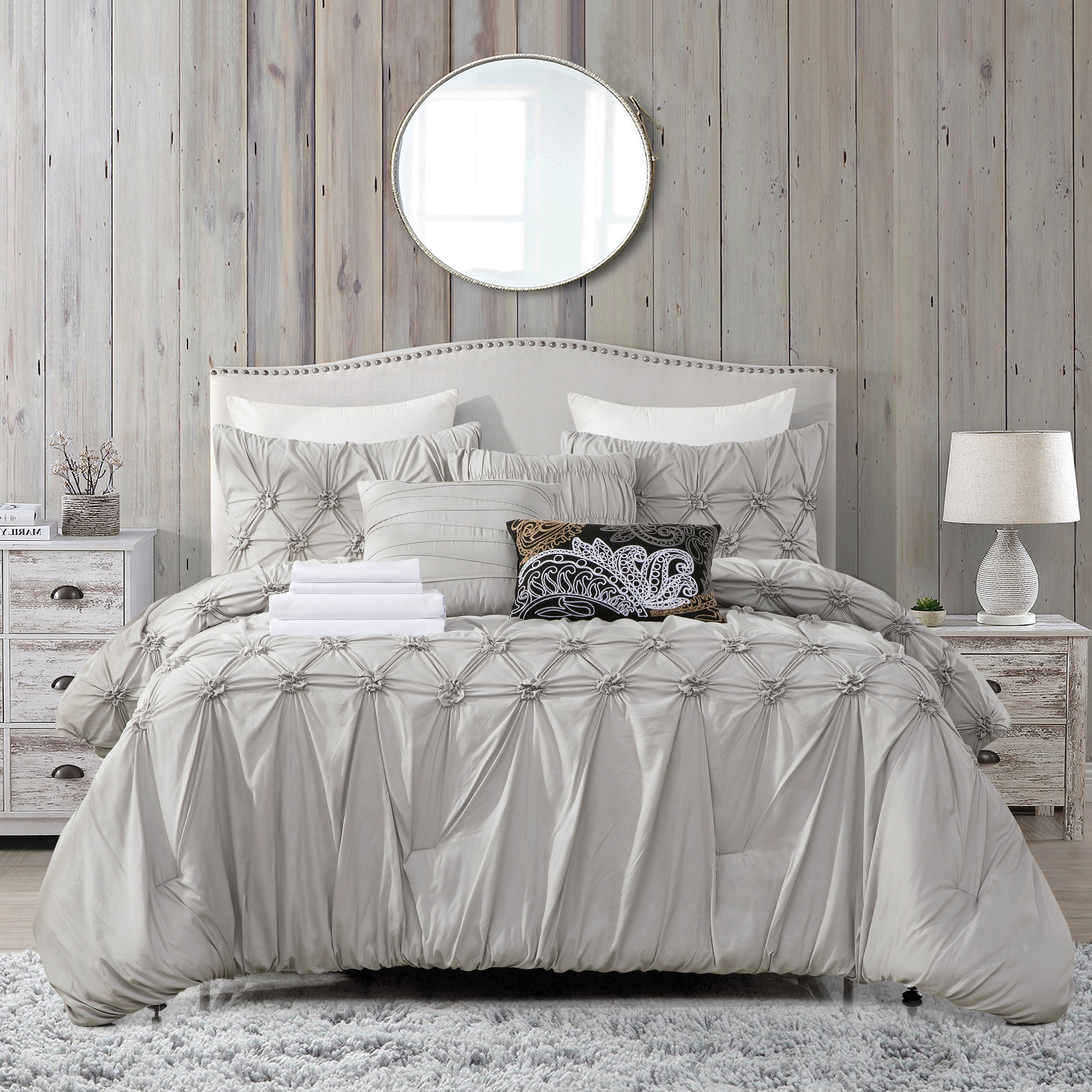 Everlaneas 12-Piece Ella Pleated Ruched Pintuck Comforter Set, Includes 6-Piece Sheet Set with Double Sided Storage Pockets