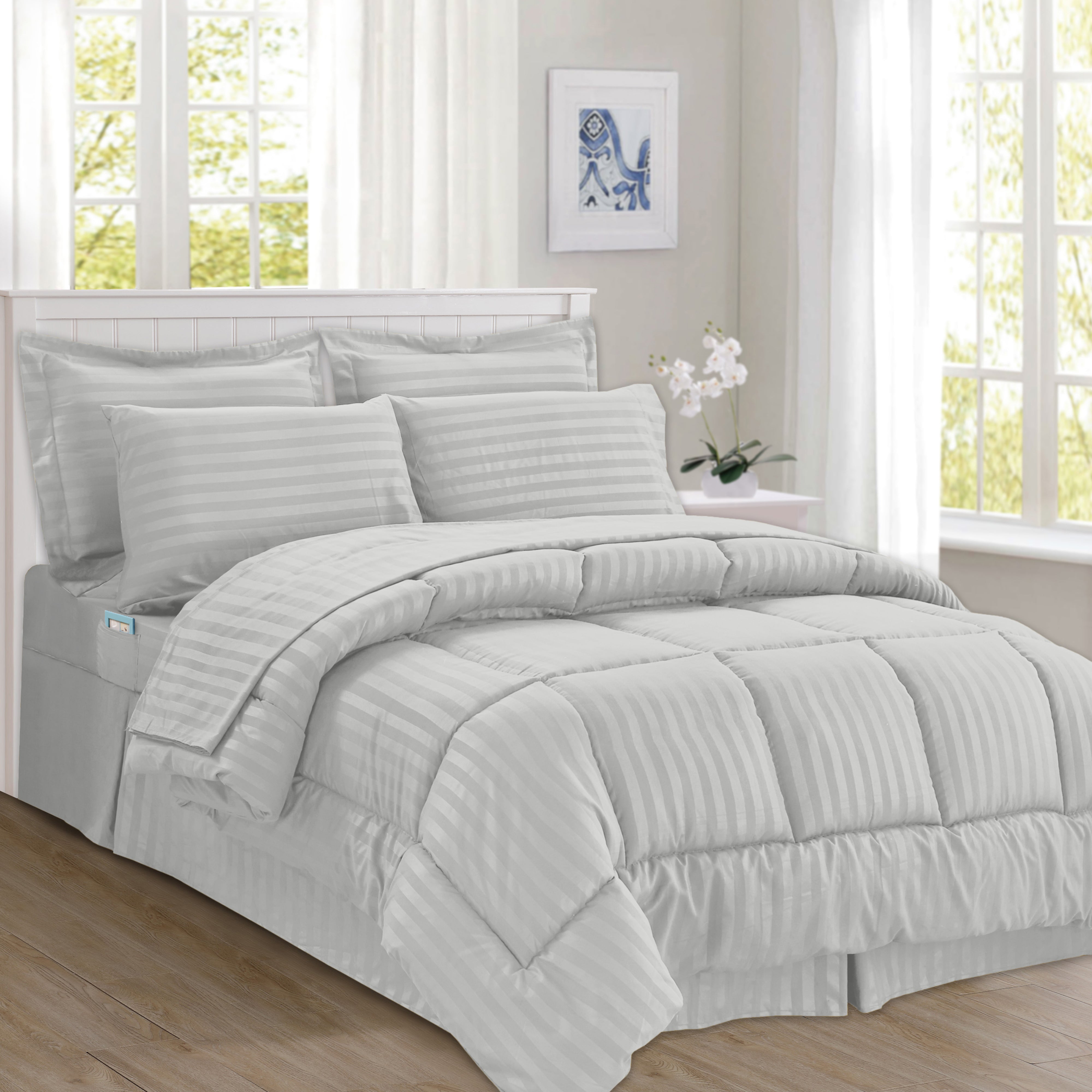 Everlaneas 8-Piece Dobby Stripe Comforter Set - Includes 4-Piece Sheet Set with Double Sided Storage Pockets