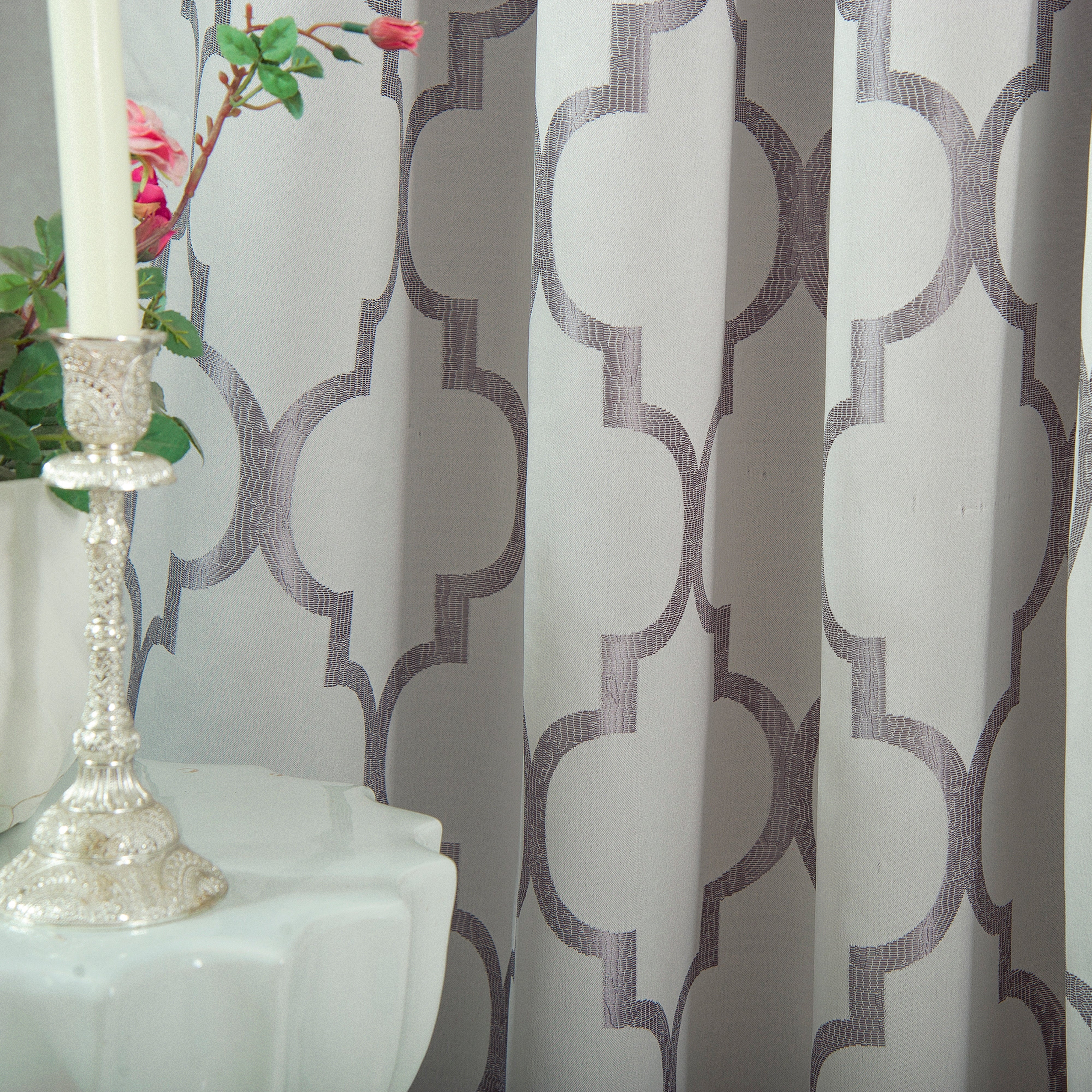 Everlaneas 2-Piece Quatrefoil - Moroccan Trellis Jacquard Look Curtain Panels- Attached Valance - 54" W x 84" L, Set of 2