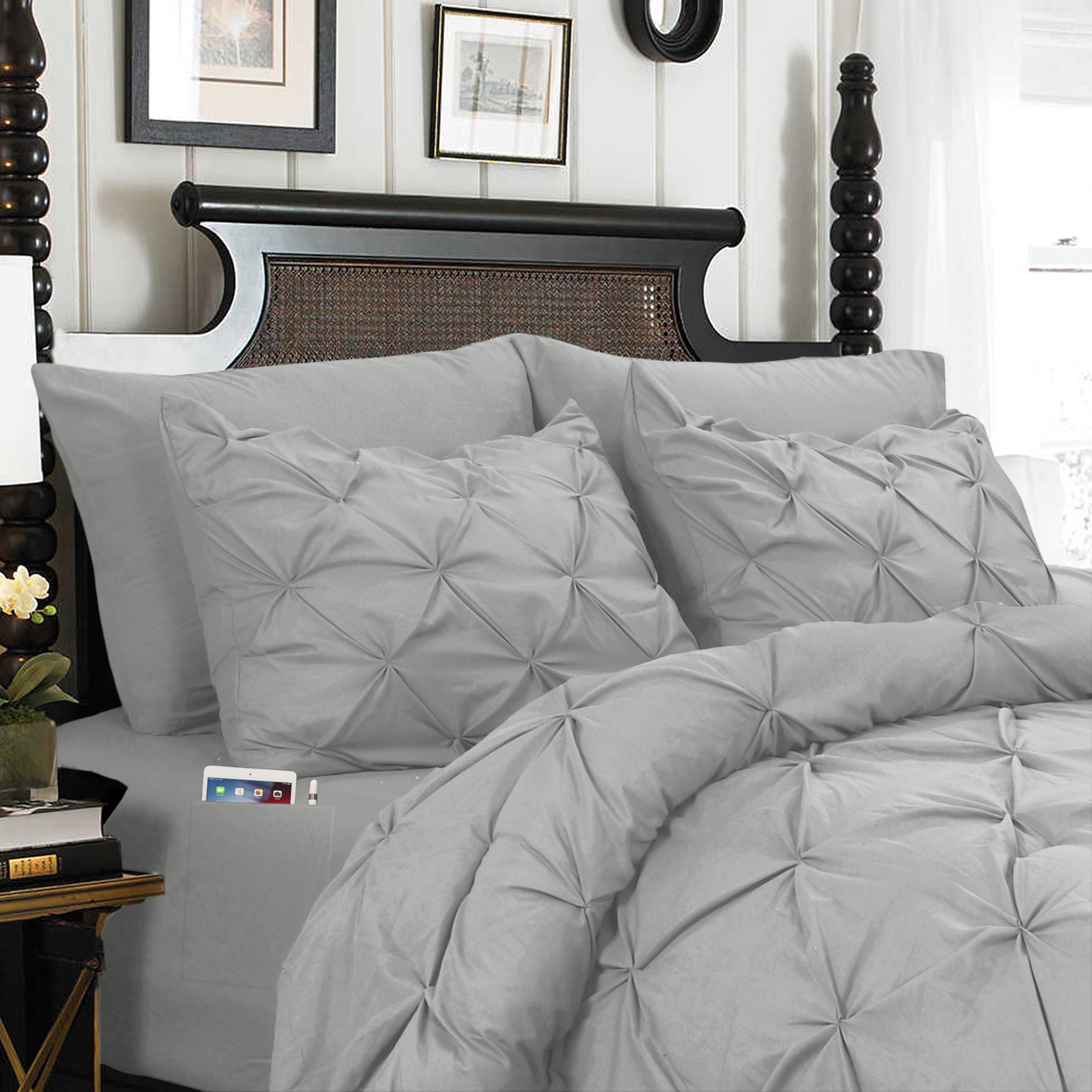 Everlaneas 8-Piece Pintuck Pinch Pleated Comforter Set - Includes 4-Piece Sheet Set with Double Sided Storage Pockets