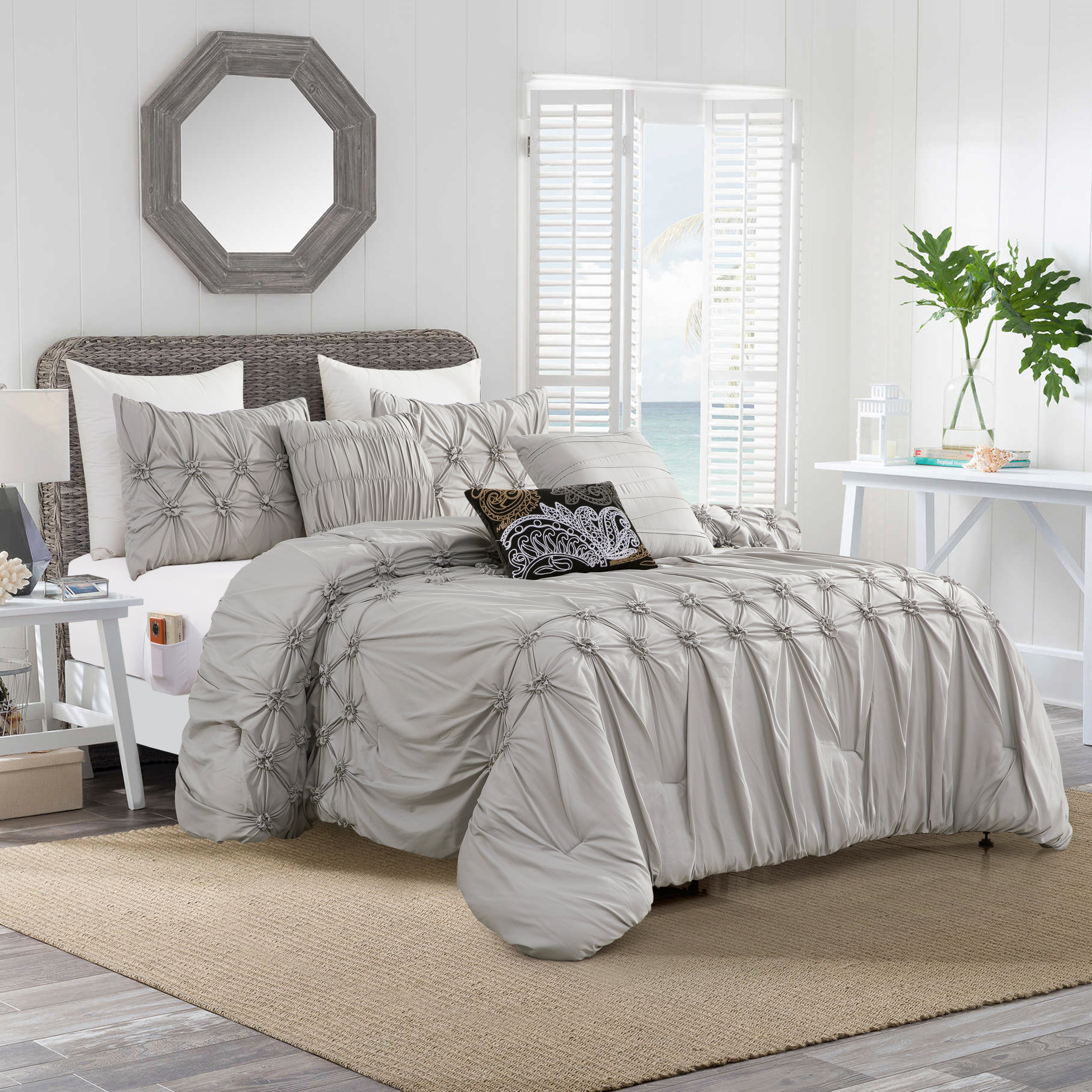 Everlaneas 12-Piece Ella Pleated Ruched Pintuck Comforter Set, Includes 6-Piece Sheet Set with Double Sided Storage Pockets