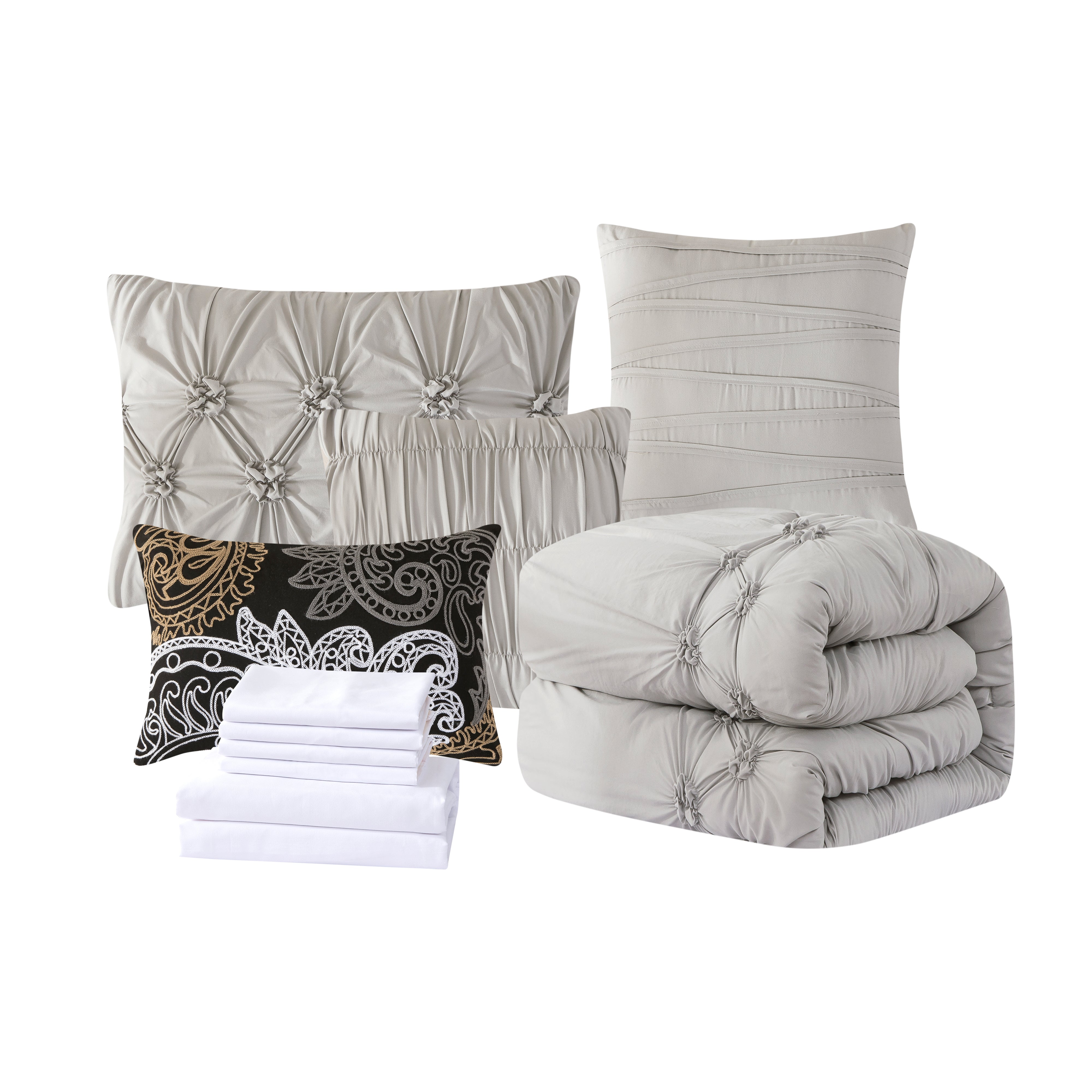 Everlaneas 12-Piece Ella Pleated Ruched Pintuck Comforter Set, Includes 6-Piece Sheet Set with Double Sided Storage Pockets