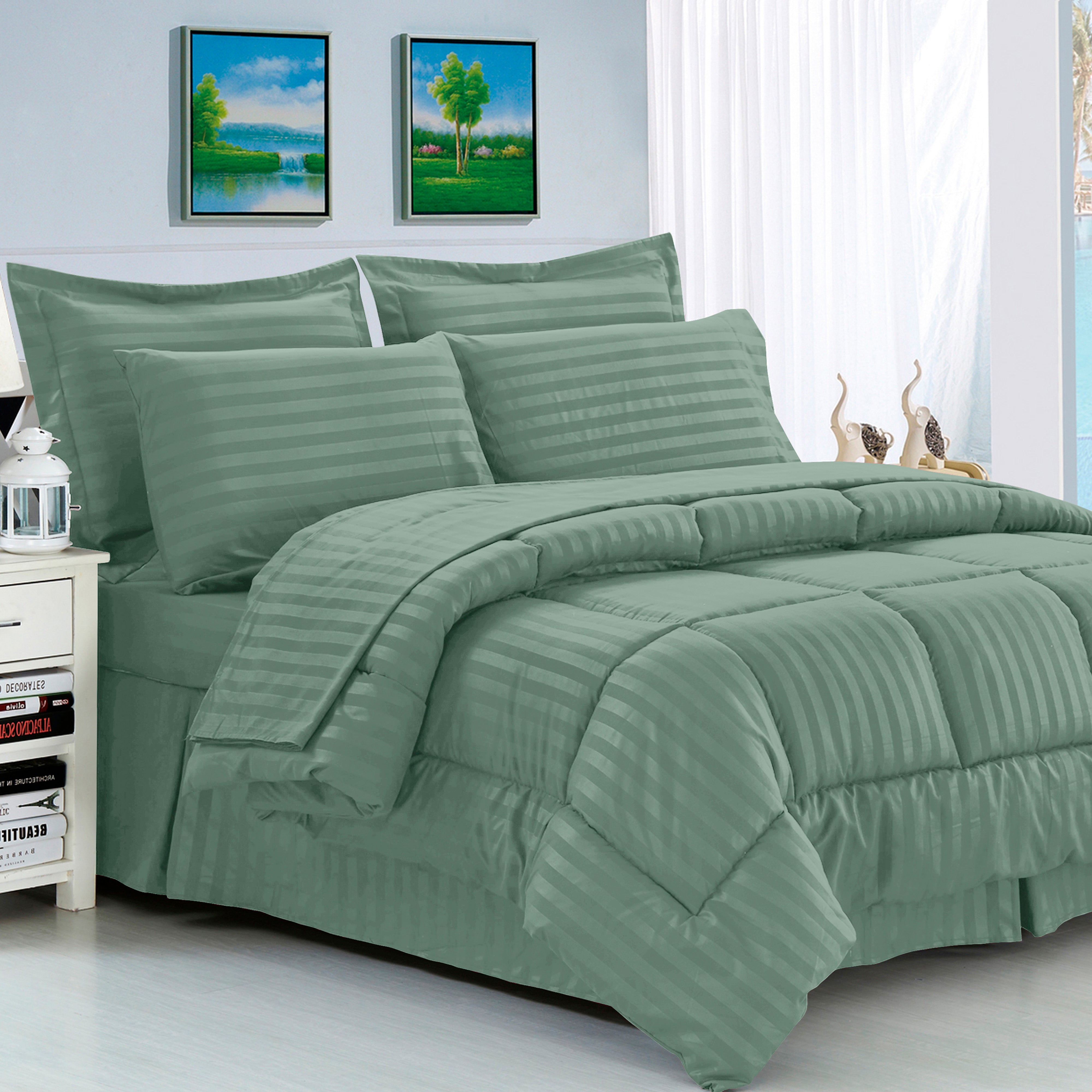 Everlaneas 8-Piece Dobby Stripe Comforter Set - Includes 4-Piece Sheet Set with Double Sided Storage Pockets