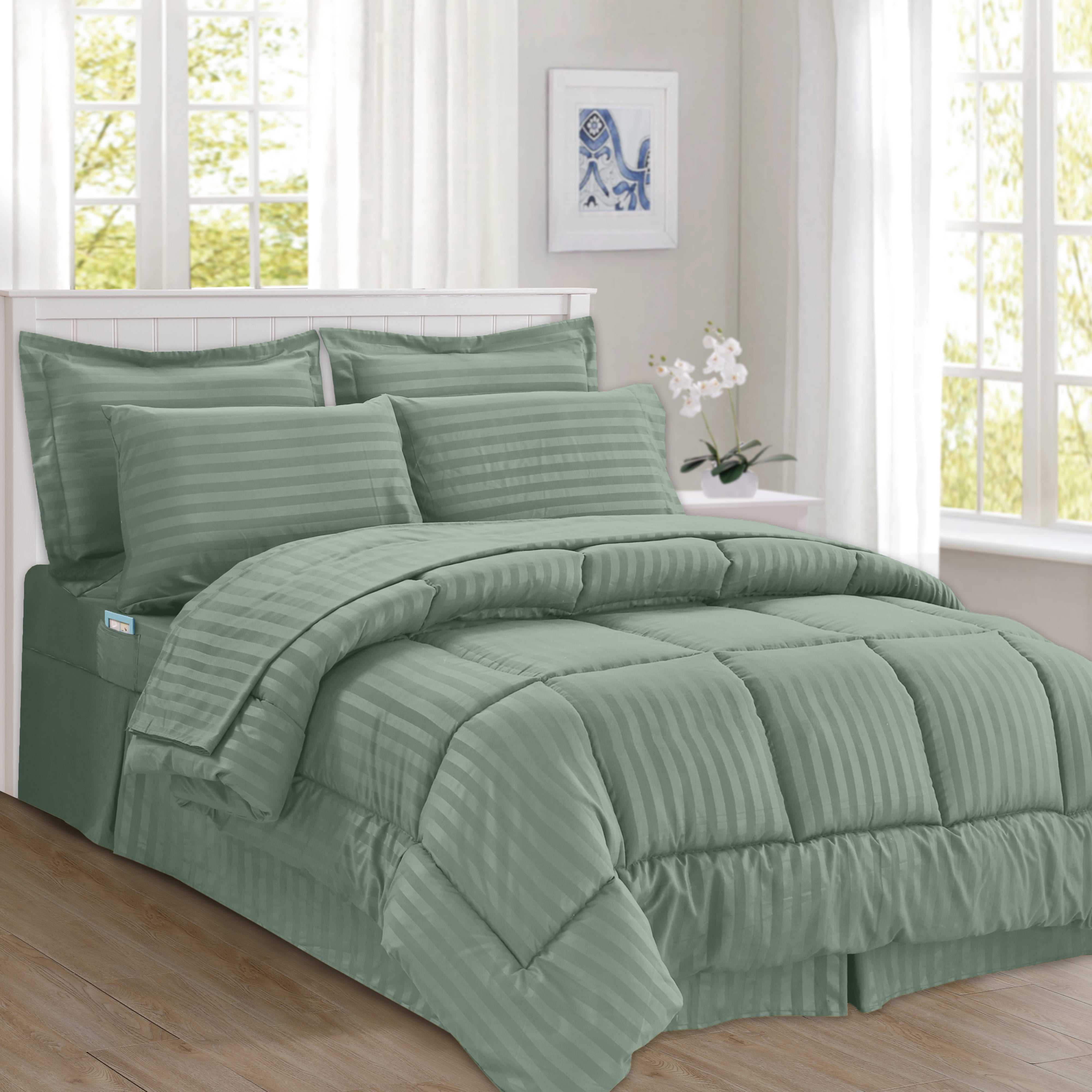Everlaneas 8-Piece Dobby Stripe Comforter Set - Includes 4-Piece Sheet Set with Double Sided Storage Pockets