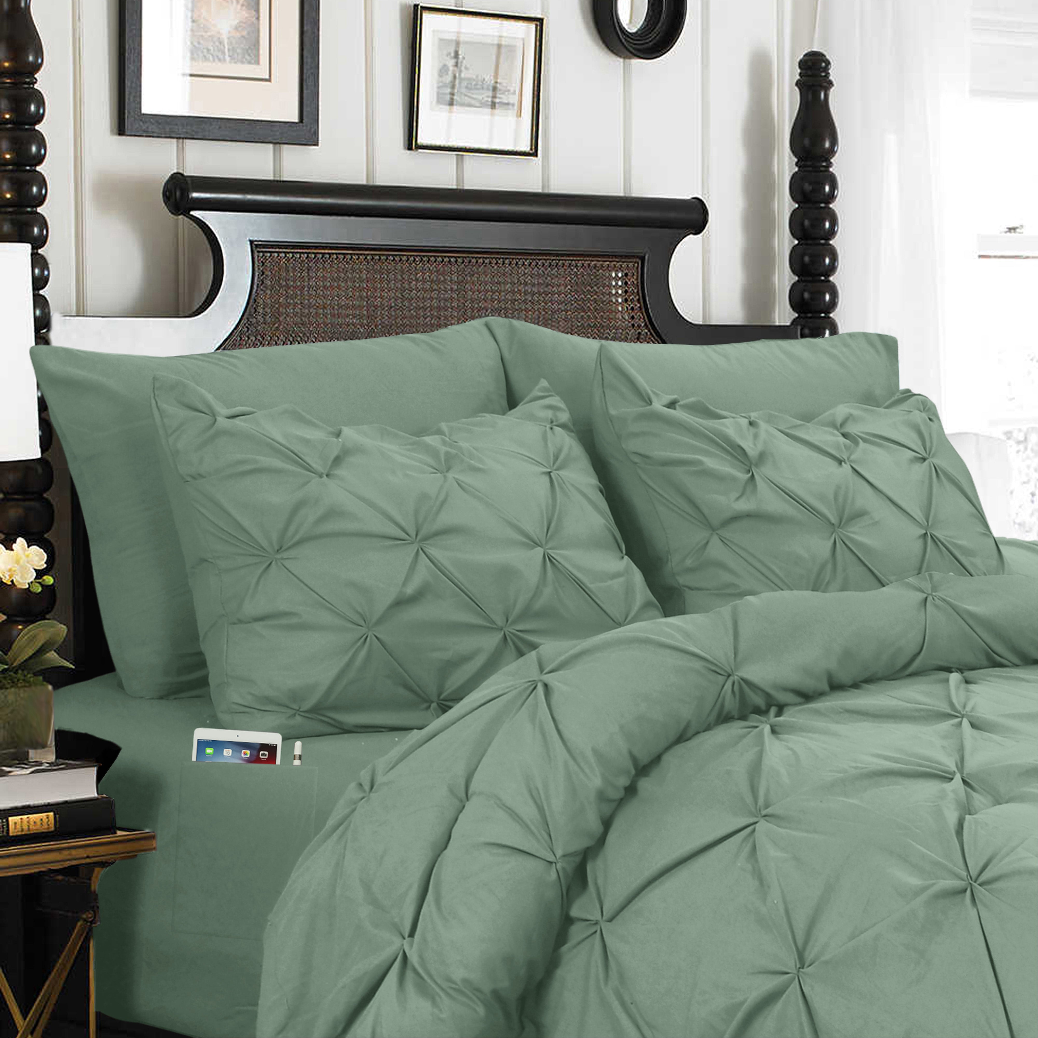 Everlaneas 8-Piece Pintuck Pinch Pleated Comforter Set - Includes 4-Piece Sheet Set with Double Sided Storage Pockets